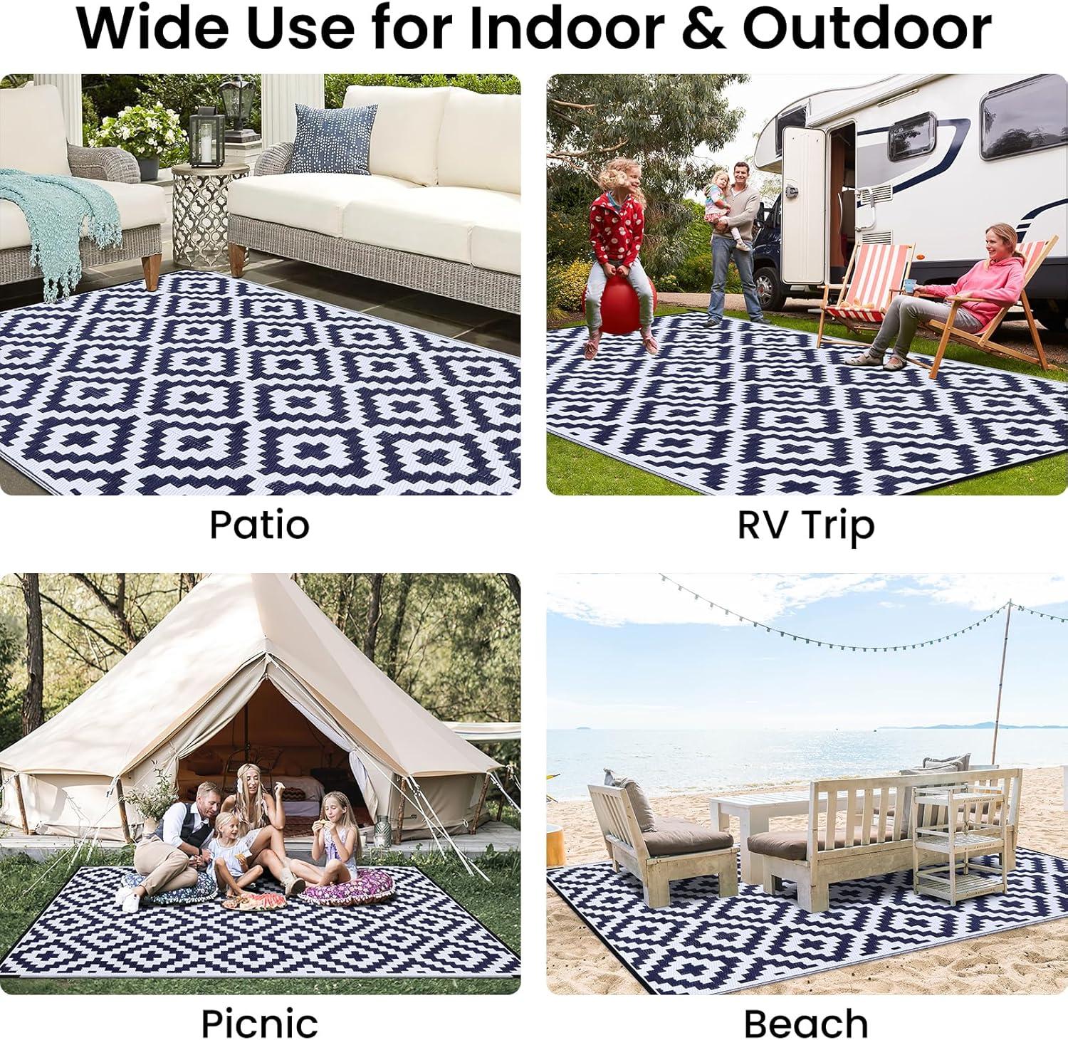 imageSmiry Waterproof Outdoor Rug 5x8 ft Reversible Plastic Straw Patio Camping Rugs Outdoor Indoor RV Mat Carpet for Patio Outside Entry Backyard Deck Bench Picnic Camper White ampamp GreyWhite and Navy