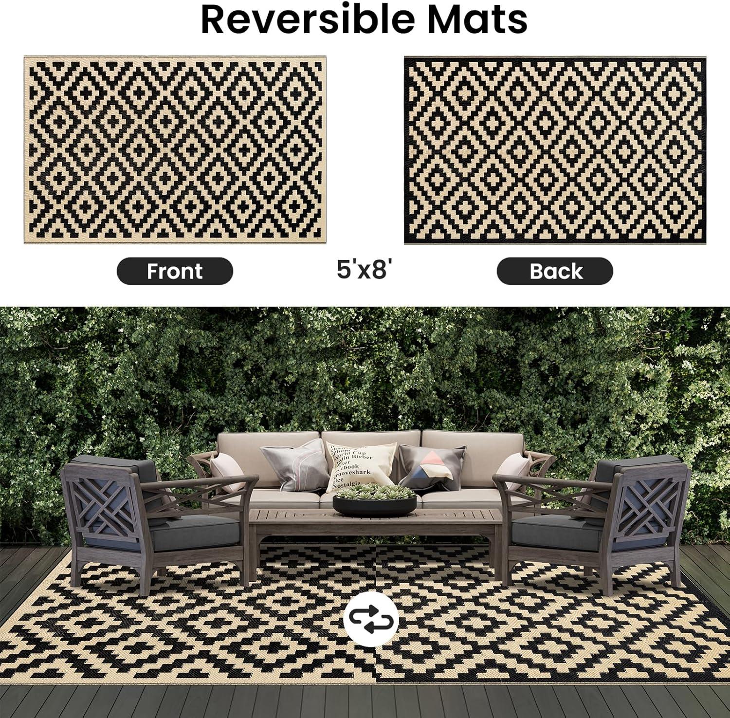 imageSmiry Waterproof Outdoor Rug 5x8 ft Reversible Plastic Straw Patio Camping Rugs Outdoor Indoor RV Mat Carpet for Patio Outside Entry Backyard Deck Bench Picnic Camper White ampamp GreyBlack and Beige