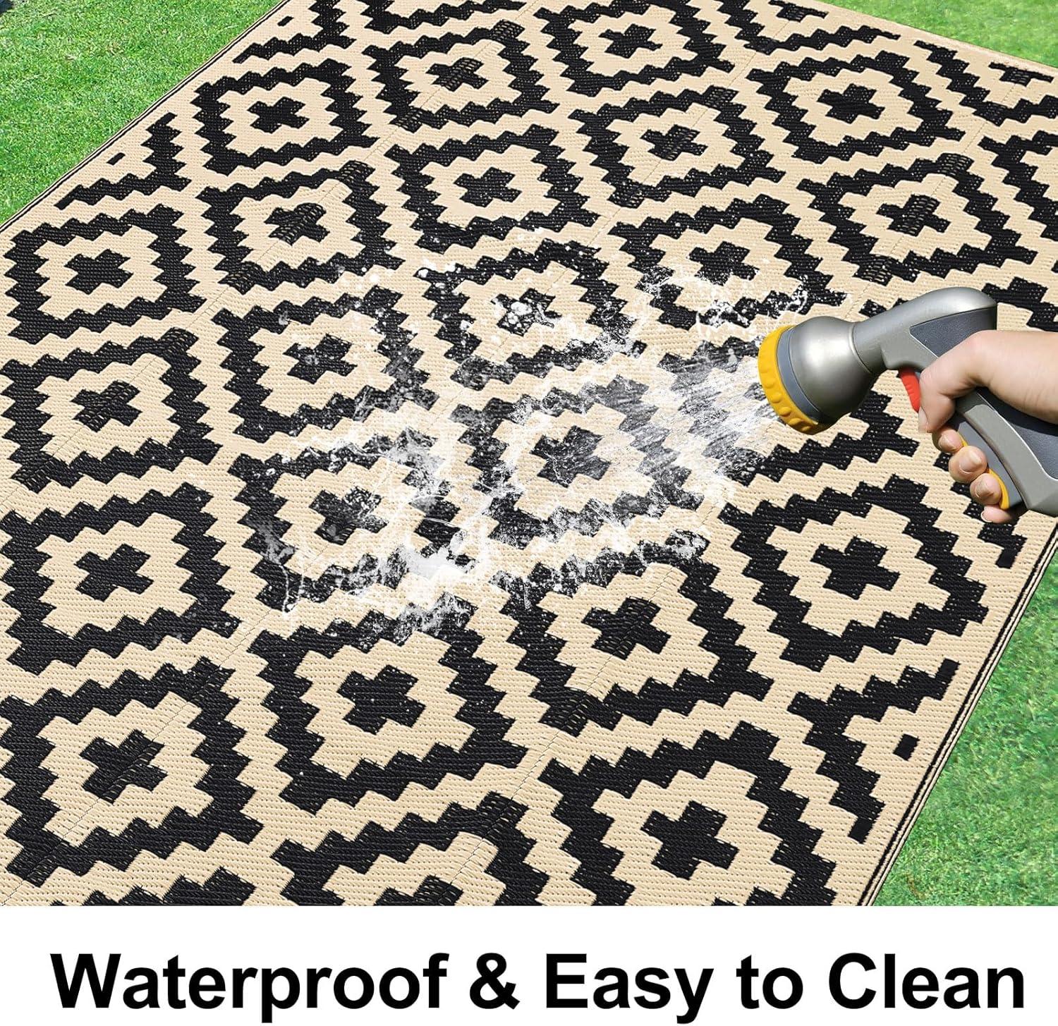 imageSmiry Waterproof Outdoor Rug 5x8 ft Reversible Plastic Straw Patio Camping Rugs Outdoor Indoor RV Mat Carpet for Patio Outside Entry Backyard Deck Bench Picnic Camper White ampamp GreyBlack and Beige