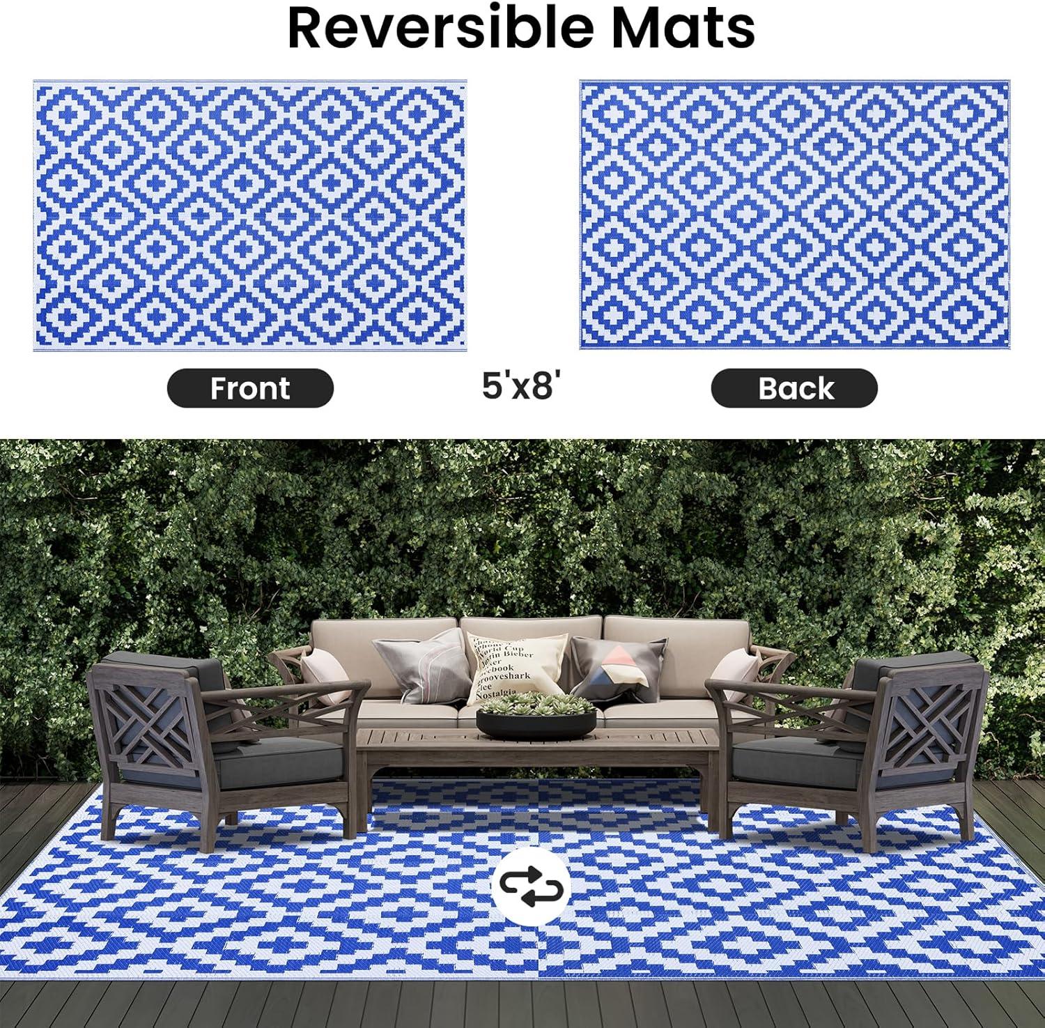 imageSmiry Waterproof Outdoor Rug 5x8 ft Reversible Plastic Straw Patio Camping Rugs Outdoor Indoor RV Mat Carpet for Patio Outside Entry Backyard Deck Bench Picnic Camper White ampamp GreyWhite and Blue