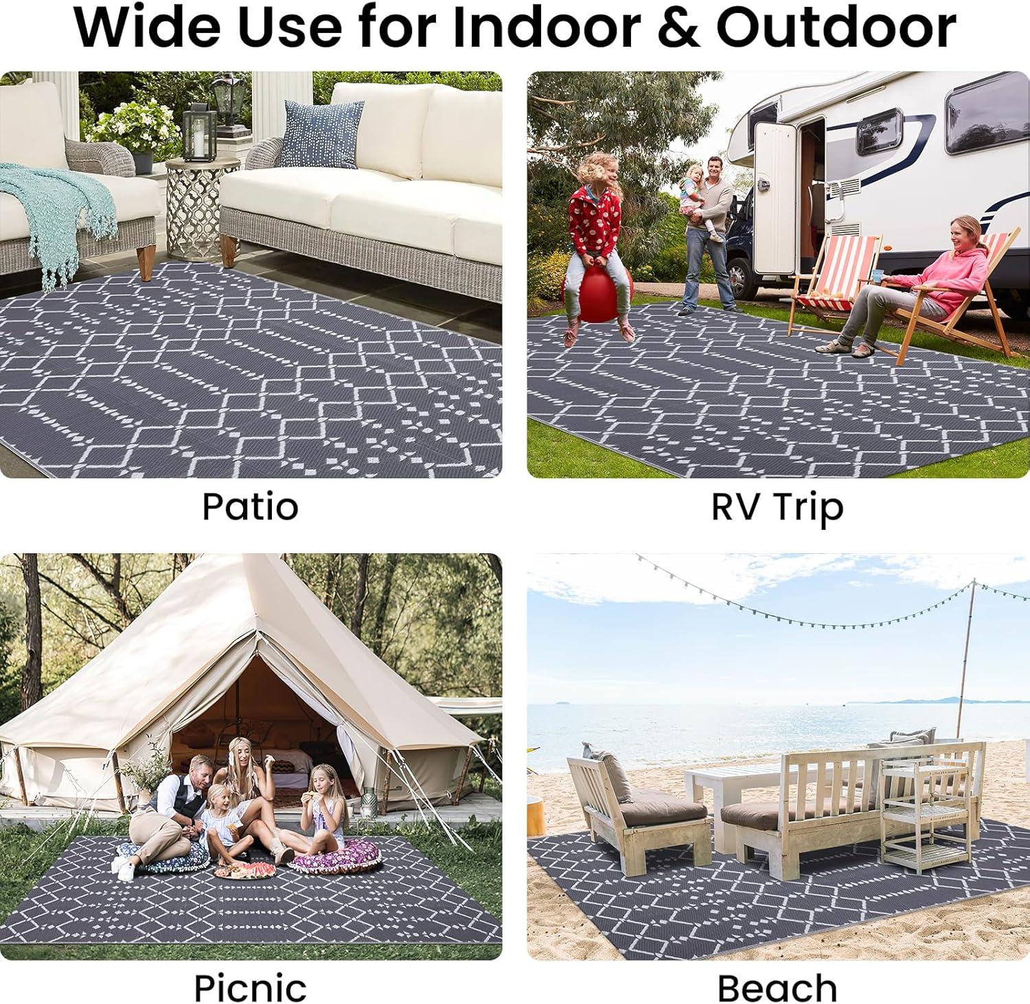 imageSmiry Waterproof Outdoor Rug 5x8 ft Reversible Plastic Straw Patio Camping Rugs Outdoor Indoor RV Mat Carpet for Patio Outside Entry Backyard Deck Bench Picnic Camper White ampamp GreyGrey
