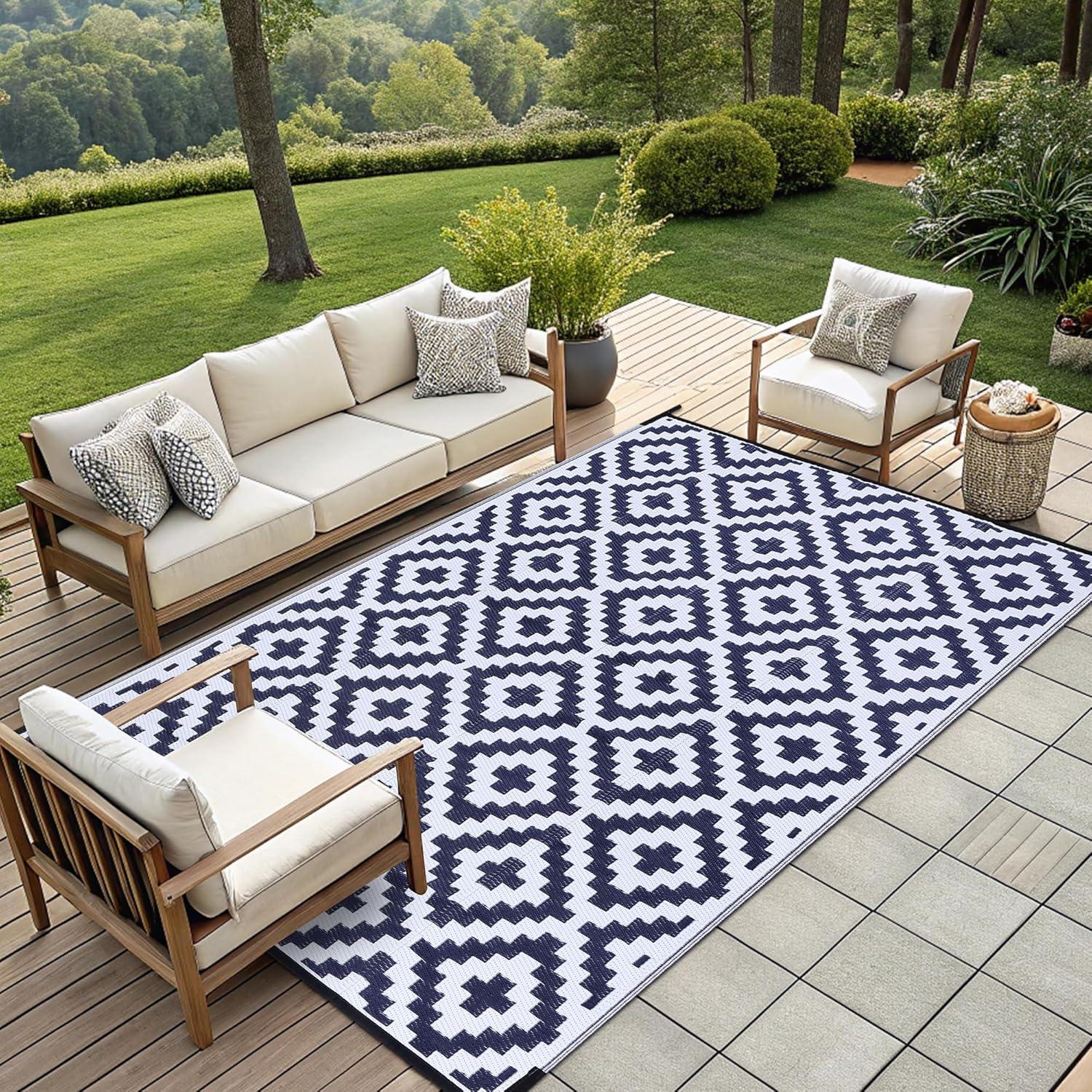 imageSmiry Waterproof Outdoor Rug 5x8 ft Reversible Plastic Straw Patio Camping Rugs Outdoor Indoor RV Mat Carpet for Patio Outside Entry Backyard Deck Bench Picnic Camper White ampamp GreyWhite and Navy