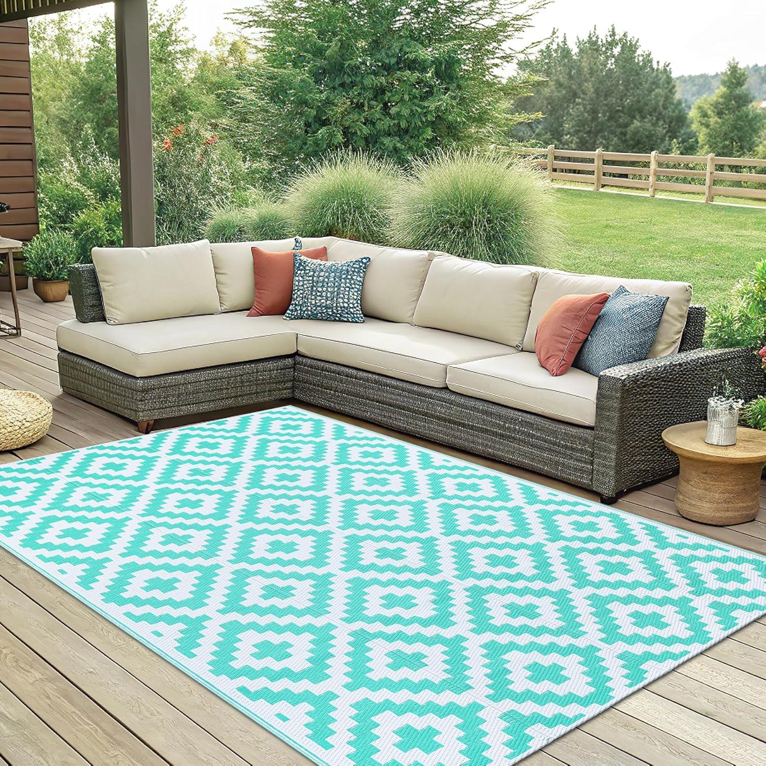 imageSmiry Waterproof Outdoor Rug 5x8 ft Reversible Plastic Straw Patio Camping Rugs Outdoor Indoor RV Mat Carpet for Patio Outside Entry Backyard Deck Bench Picnic Camper White ampamp GreyWhite and Teal