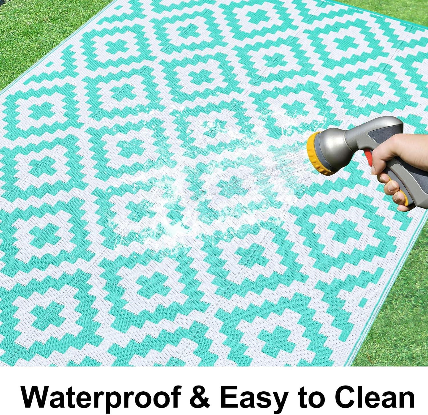 imageSmiry Waterproof Outdoor Rug 5x8 ft Reversible Plastic Straw Patio Camping Rugs Outdoor Indoor RV Mat Carpet for Patio Outside Entry Backyard Deck Bench Picnic Camper White ampamp GreyWhite and Teal