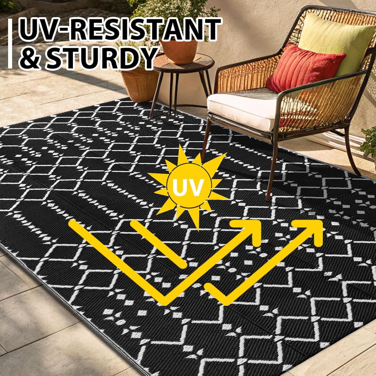 imageSmiry Waterproof Outdoor Rug 5x8 ft Reversible Plastic Straw Patio Camping Rugs Outdoor Indoor RV Mat Carpet for Patio Outside Entry Backyard Deck Bench Picnic Camper White ampamp GreyBlack