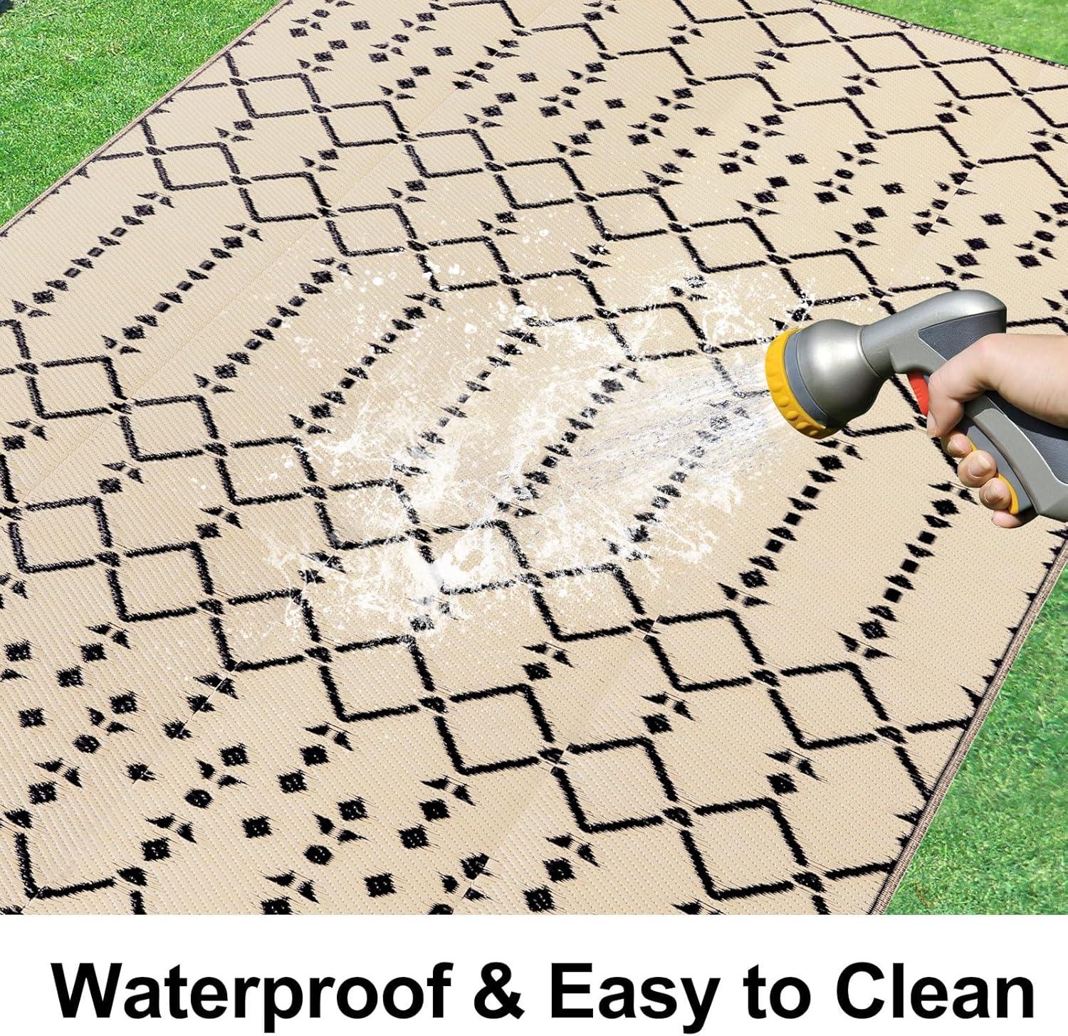 imageSmiry Waterproof Outdoor Rug 5x8 ft Reversible Plastic Straw Patio Camping Rugs Outdoor Indoor RV Mat Carpet for Patio Outside Entry Backyard Deck Bench Picnic Camper White ampamp GreyBeige
