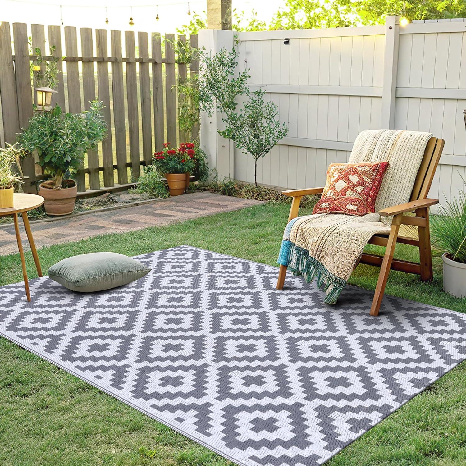 imageSmiry Waterproof Outdoor Rug 5x8 ft Reversible Plastic Straw Patio Camping Rugs Outdoor Indoor RV Mat Carpet for Patio Outside Entry Backyard Deck Bench Picnic Camper White ampamp GreyWhite and Grey