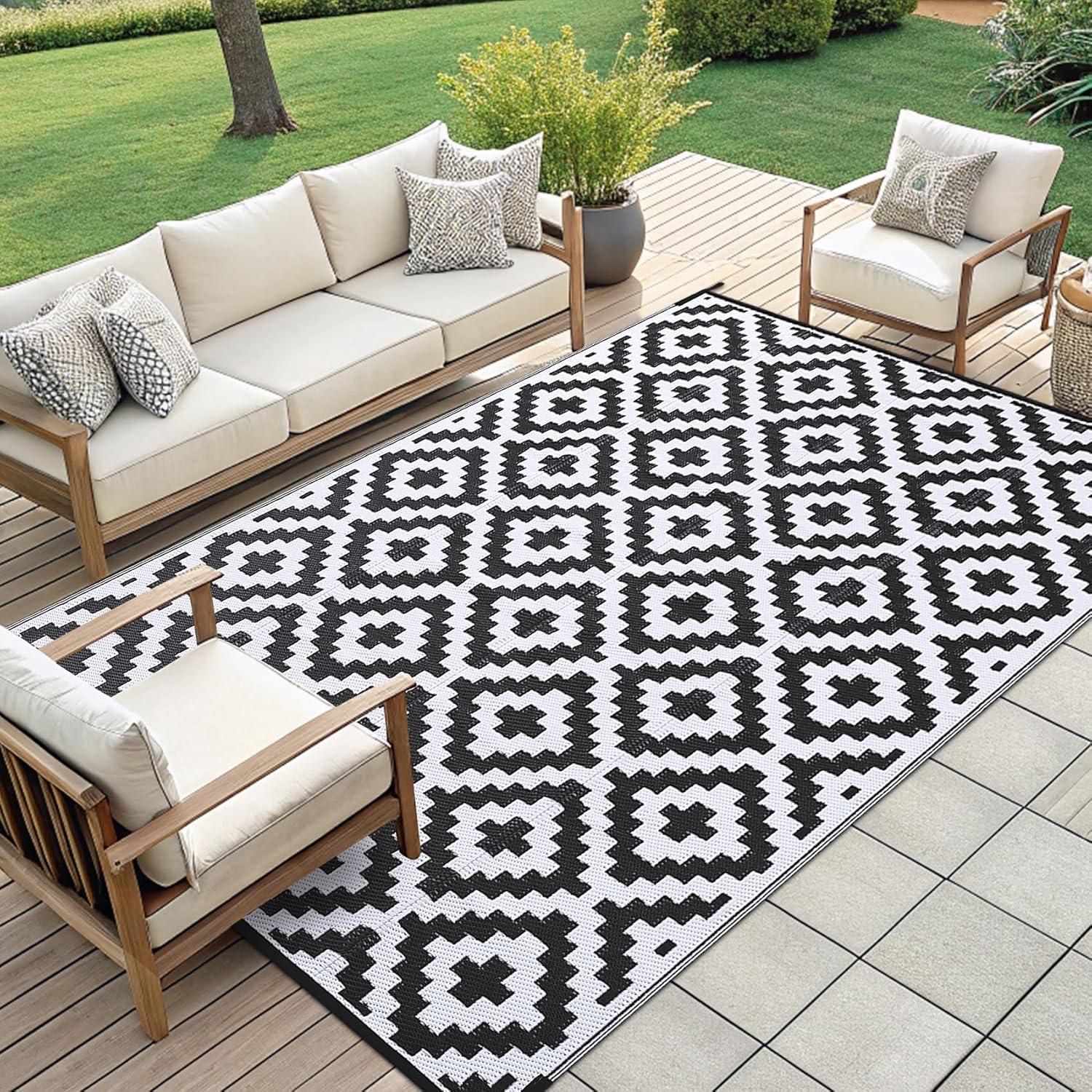 imageSmiry Waterproof Outdoor Rug 5x8 ft Reversible Plastic Straw Patio Camping Rugs Outdoor Indoor RV Mat Carpet for Patio Outside Entry Backyard Deck Bench Picnic Camper White ampamp GreyBlack and White