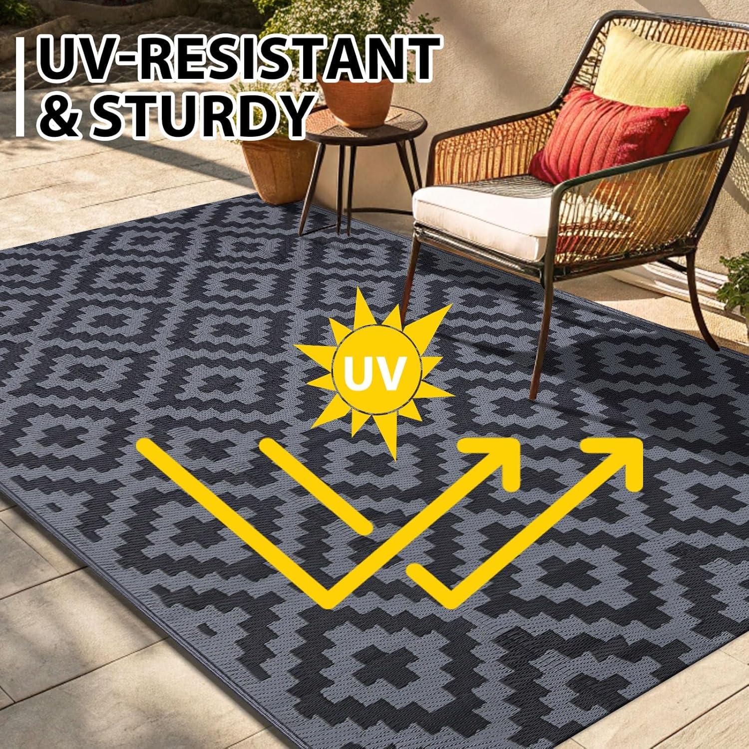 imageSmiry Waterproof Outdoor Rug 5x8 ft Reversible Plastic Straw Patio Camping Rugs Outdoor Indoor RV Mat Carpet for Patio Outside Entry Backyard Deck Bench Picnic Camper White ampamp GreyBlack and Grey