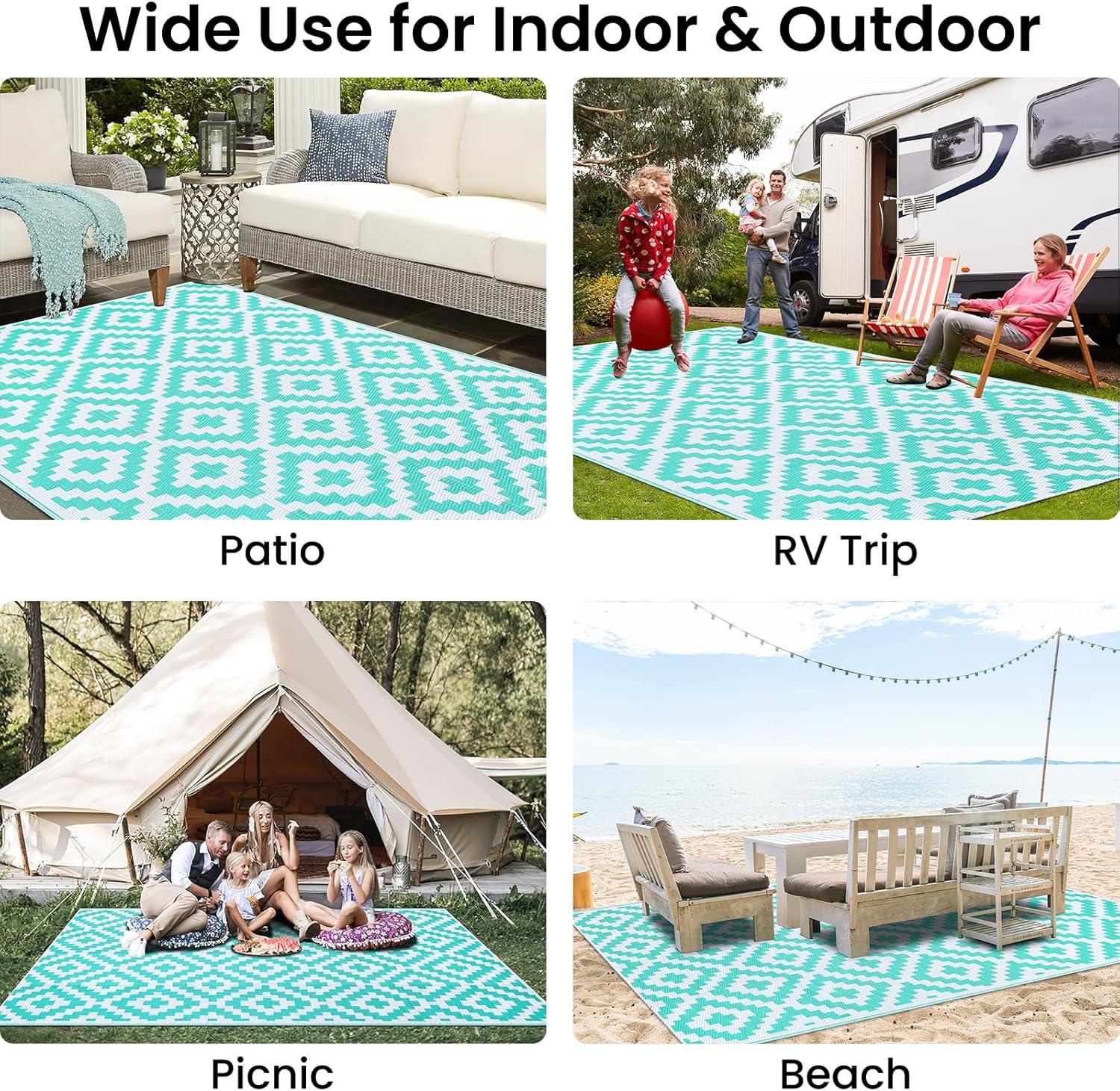 imageSmiry Waterproof Outdoor Rug 5x8 ft Reversible Plastic Straw Patio Camping Rugs Outdoor Indoor RV Mat Carpet for Patio Outside Entry Backyard Deck Bench Picnic Camper White ampamp GreyWhite and Teal