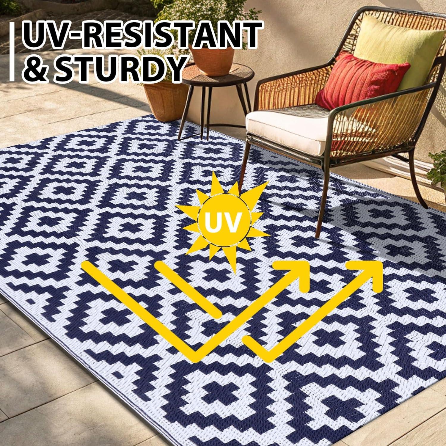 imageSmiry Waterproof Outdoor Rug 5x8 ft Reversible Plastic Straw Patio Camping Rugs Outdoor Indoor RV Mat Carpet for Patio Outside Entry Backyard Deck Bench Picnic Camper White ampamp GreyWhite and Navy