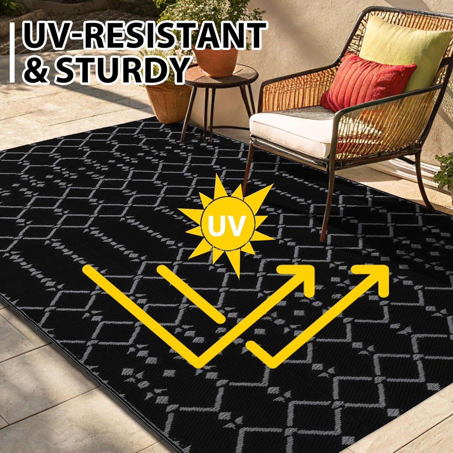 imageSmiry Waterproof Outdoor Rug 5x8 ft Reversible Plastic Straw Patio Camping Rugs Outdoor Indoor RV Mat Carpet for Patio Outside Entry Backyard Deck Bench Picnic Camper White ampamp GreyDark Grey