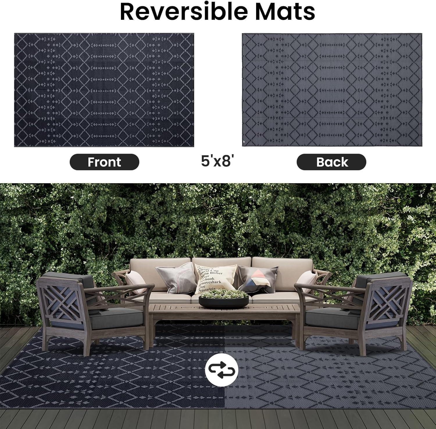 imageSmiry Waterproof Outdoor Rug 5x8 ft Reversible Plastic Straw Patio Camping Rugs Outdoor Indoor RV Mat Carpet for Patio Outside Entry Backyard Deck Bench Picnic Camper White ampamp GreyDark Grey