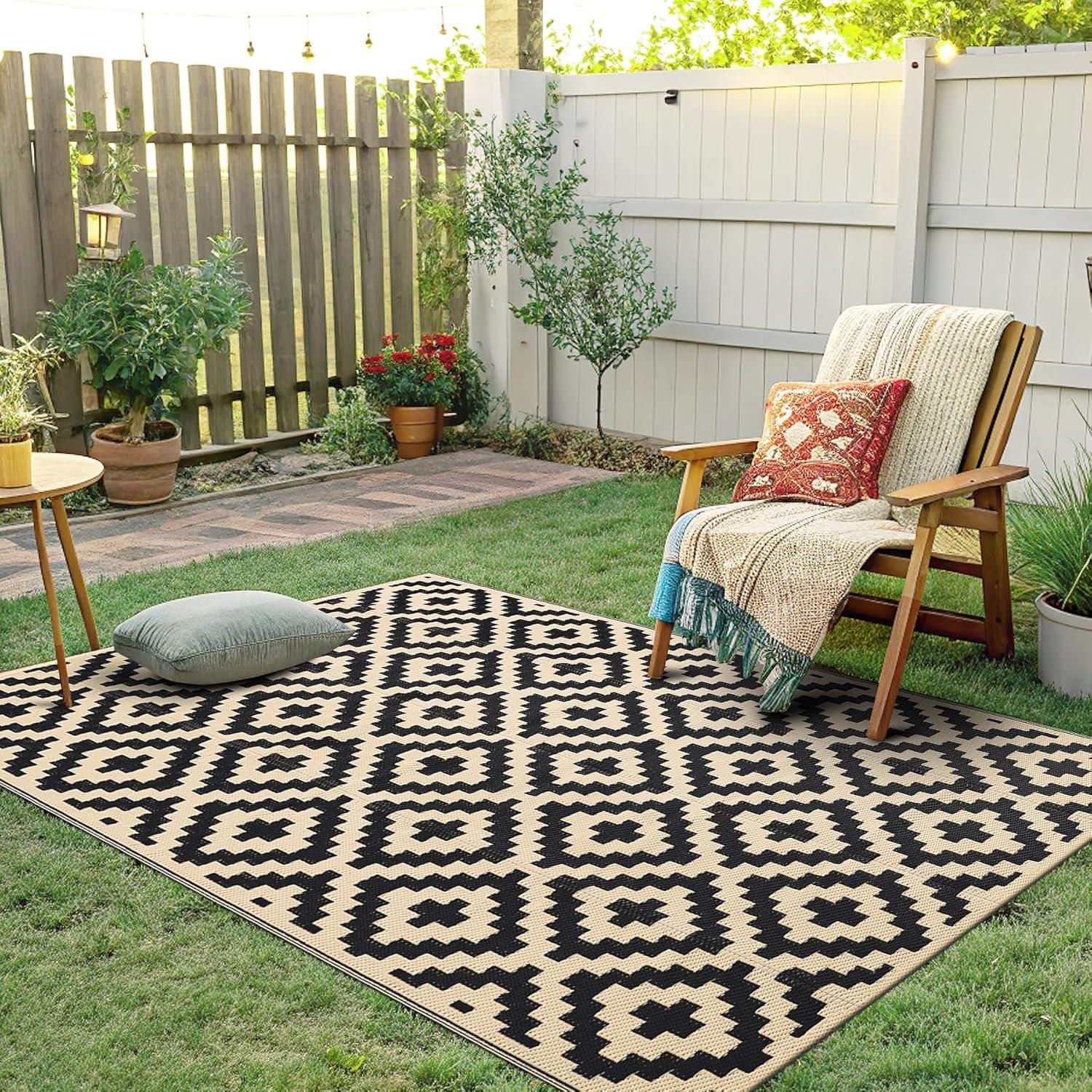 imageSmiry Waterproof Outdoor Rug 5x8 ft Reversible Plastic Straw Patio Camping Rugs Outdoor Indoor RV Mat Carpet for Patio Outside Entry Backyard Deck Bench Picnic Camper White ampamp GreyBlack and Beige