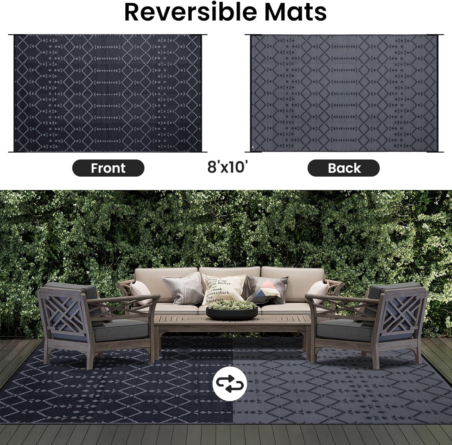 imageSmiry Waterproof Outdoor Rug 5x8 ft Reversible Plastic Straw Patio Camping Rugs Outdoor Indoor RV Mat Carpet for Patio Outside Entry Backyard Deck Bench Picnic Camper White ampamp GreyDark Grey