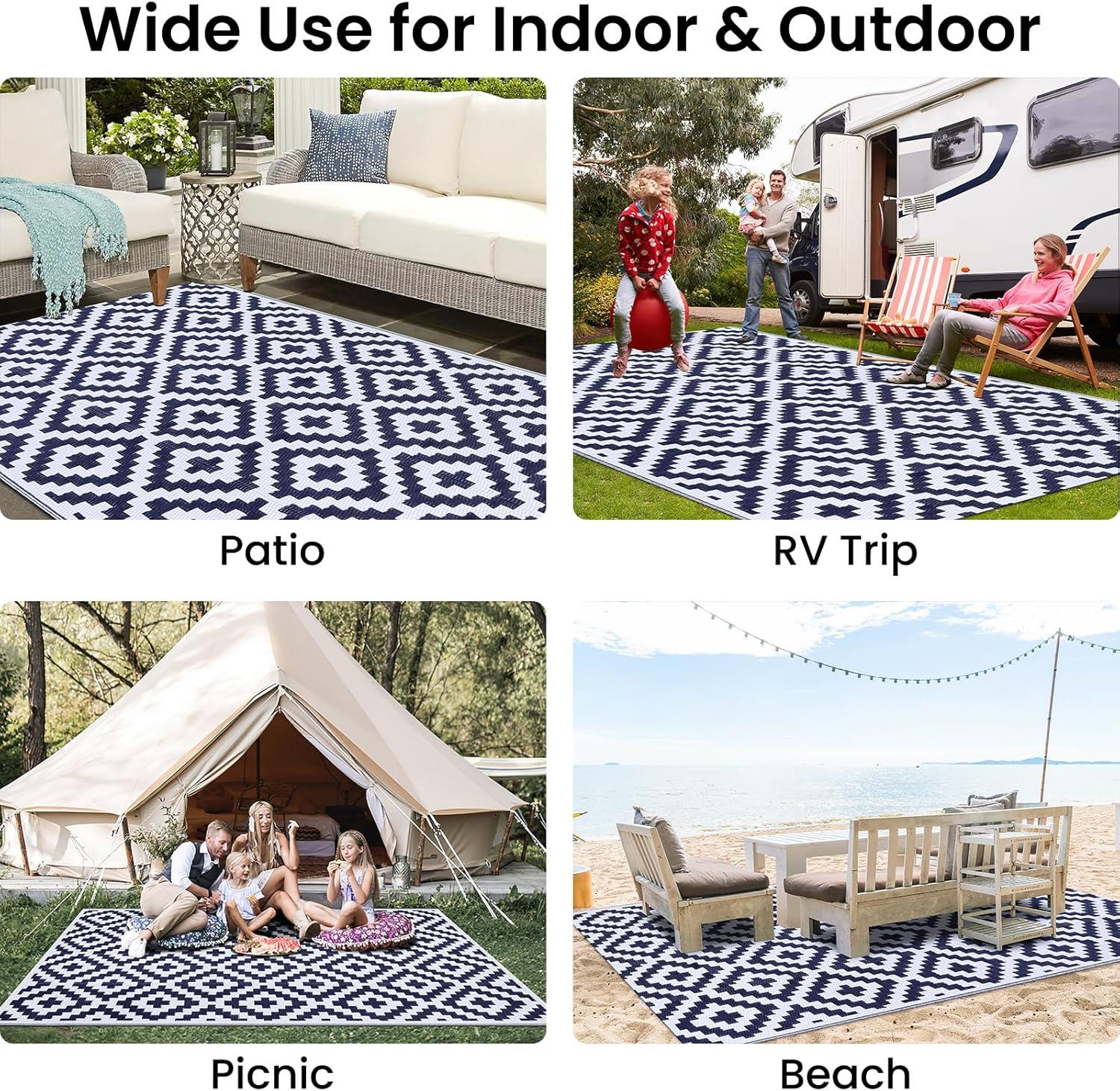 imageSmiry Waterproof Outdoor Rug 5x8 ft Reversible Plastic Straw Patio Camping Rugs Outdoor Indoor RV Mat Carpet for Patio Outside Entry Backyard Deck Bench Picnic Camper White ampamp GreyWhite and Navy