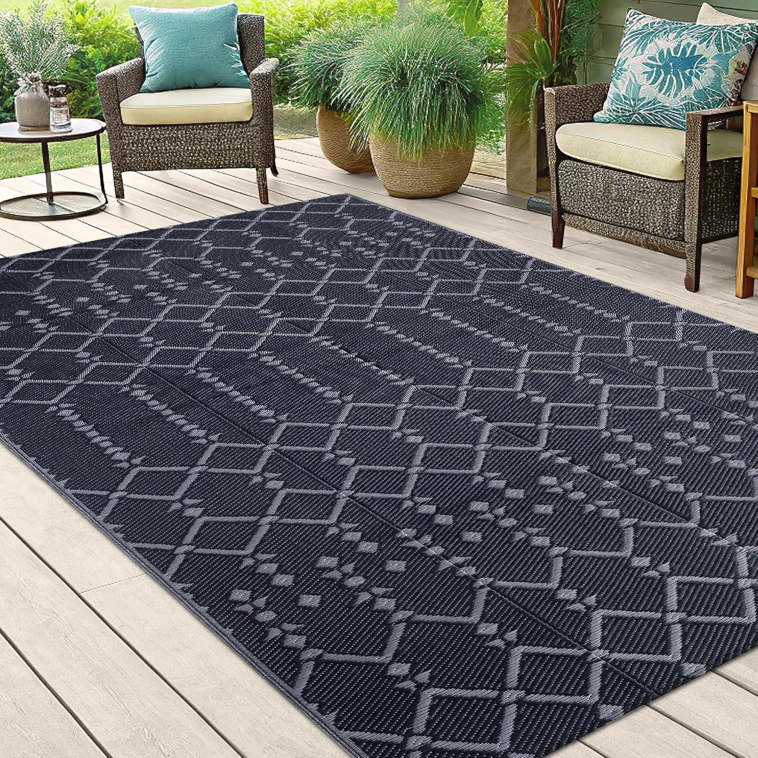 imageSmiry Waterproof Outdoor Rug 5x8 ft Reversible Plastic Straw Patio Camping Rugs Outdoor Indoor RV Mat Carpet for Patio Outside Entry Backyard Deck Bench Picnic Camper White ampamp GreyDark Grey