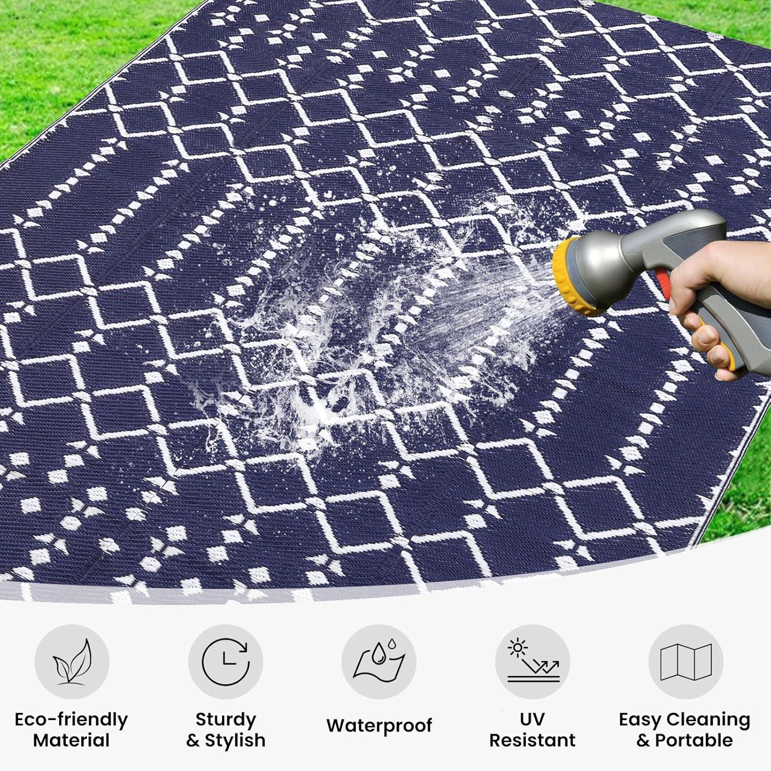 imageSmiry Waterproof Outdoor Rug 5x8 ft Reversible Plastic Straw Patio Camping Rugs Outdoor Indoor RV Mat Carpet for Patio Outside Entry Backyard Deck Bench Picnic Camper White ampamp GreyNavy
