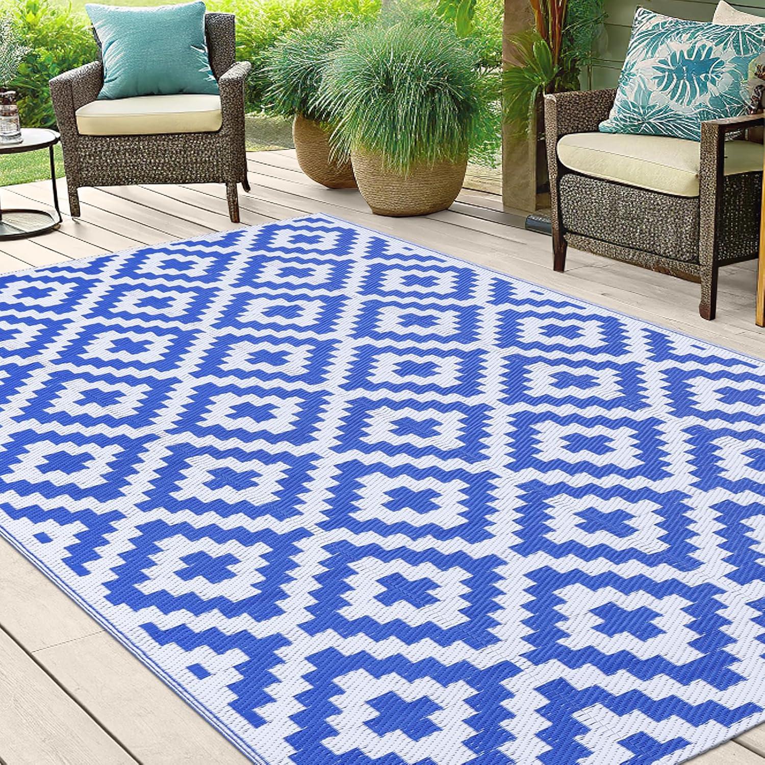 imageSmiry Waterproof Outdoor Rug 5x8 ft Reversible Plastic Straw Patio Camping Rugs Outdoor Indoor RV Mat Carpet for Patio Outside Entry Backyard Deck Bench Picnic Camper White ampamp GreyWhite and Blue