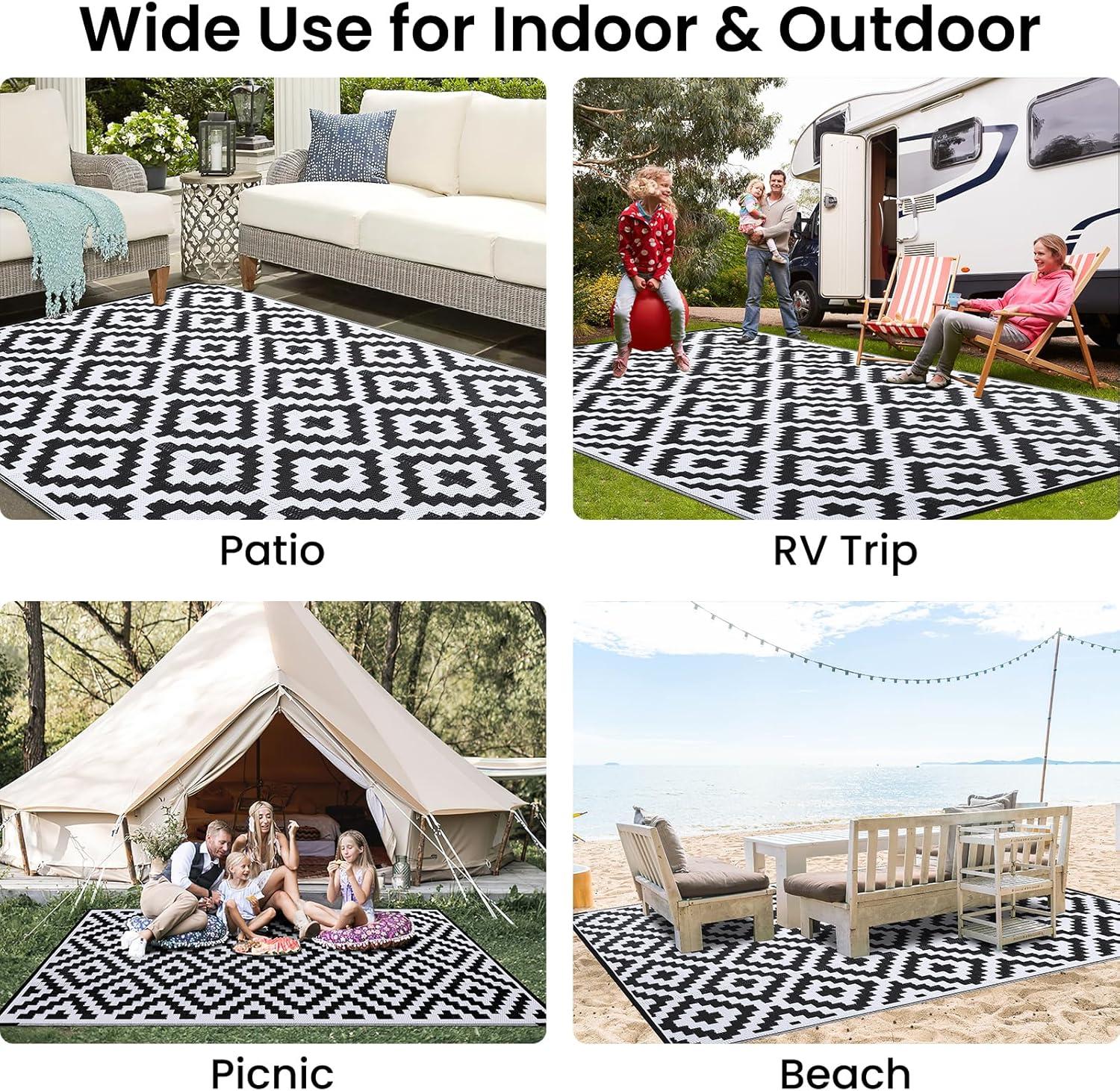 imageSmiry Waterproof Outdoor Rug 5x8 ft Reversible Plastic Straw Patio Camping Rugs Outdoor Indoor RV Mat Carpet for Patio Outside Entry Backyard Deck Bench Picnic Camper White ampamp GreyBlack and White