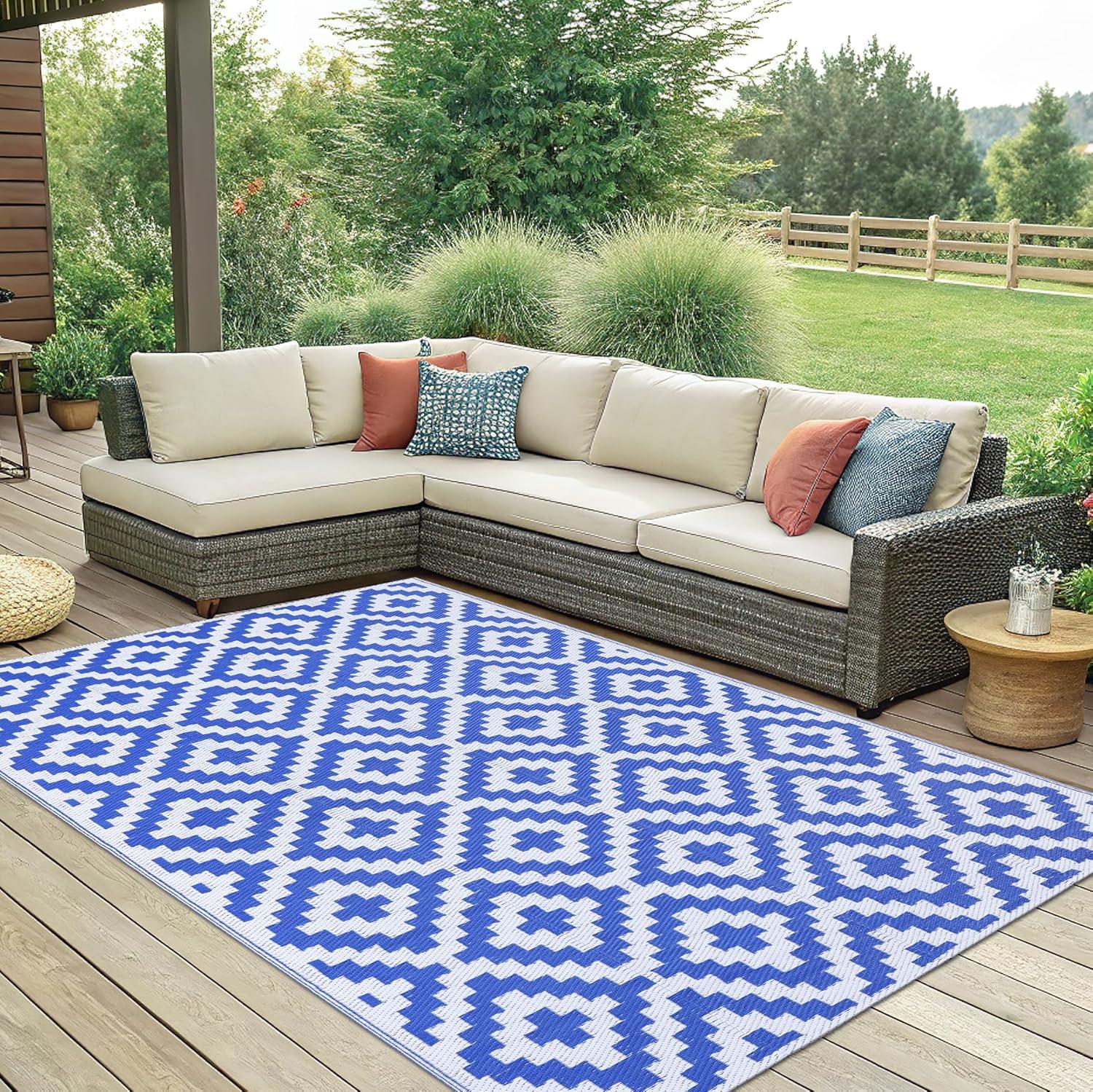 imageSmiry Waterproof Outdoor Rug 5x8 ft Reversible Plastic Straw Patio Camping Rugs Outdoor Indoor RV Mat Carpet for Patio Outside Entry Backyard Deck Bench Picnic Camper White ampamp GreyWhite and Blue