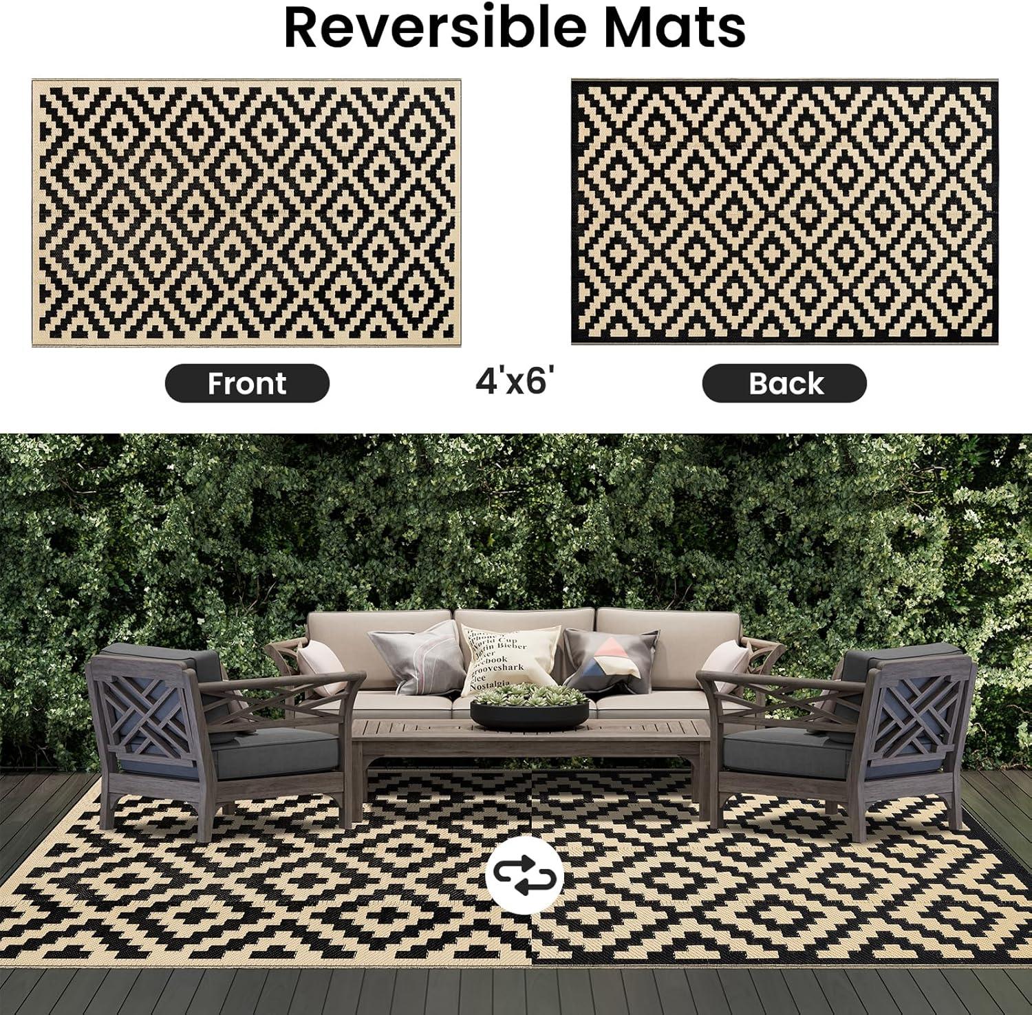imageSmiry Waterproof Outdoor Rug 5x8 ft Reversible Plastic Straw Patio Camping Rugs Outdoor Indoor RV Mat Carpet for Patio Outside Entry Backyard Deck Bench Picnic Camper White ampamp GreyBlack and Beige