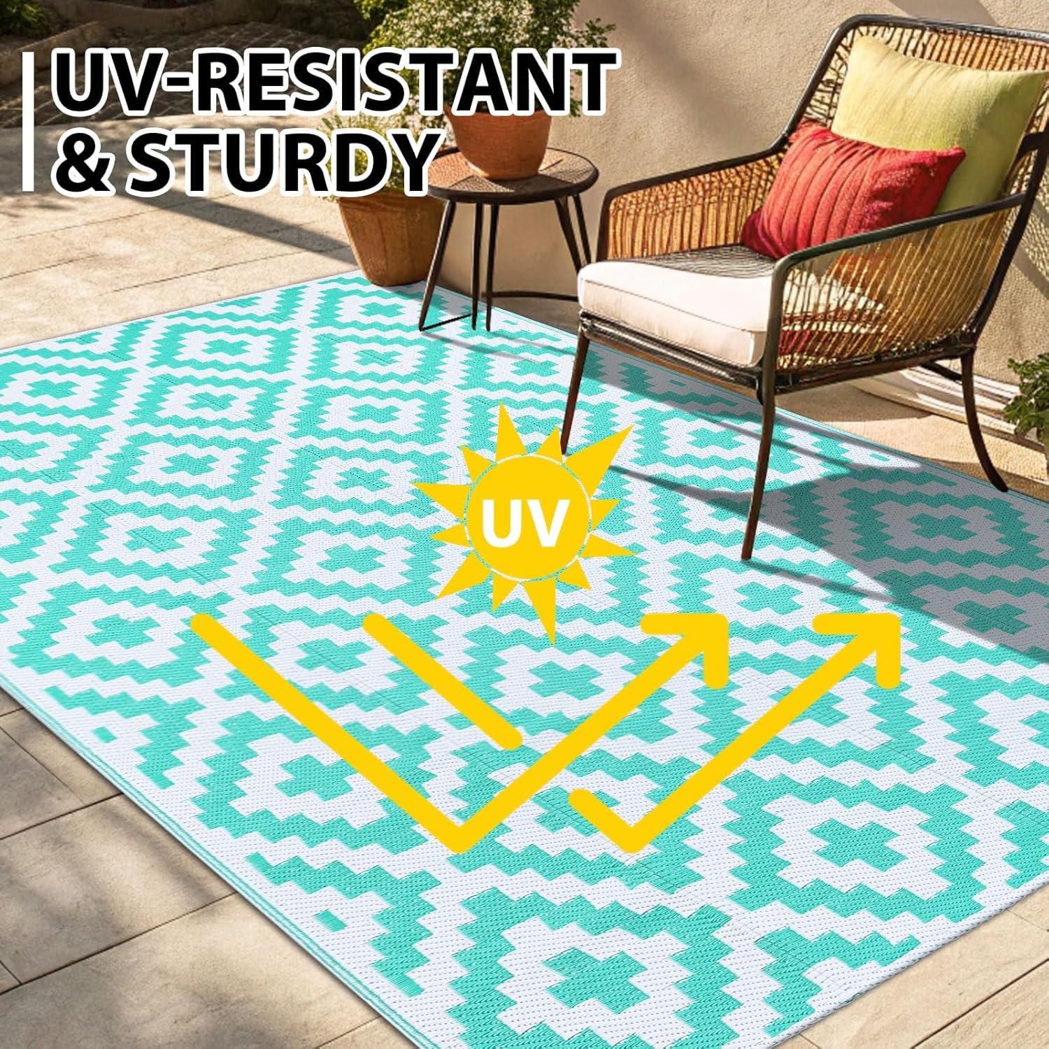 imageSmiry Waterproof Outdoor Rug 5x8 ft Reversible Plastic Straw Patio Camping Rugs Outdoor Indoor RV Mat Carpet for Patio Outside Entry Backyard Deck Bench Picnic Camper White ampamp GreyWhite and Teal