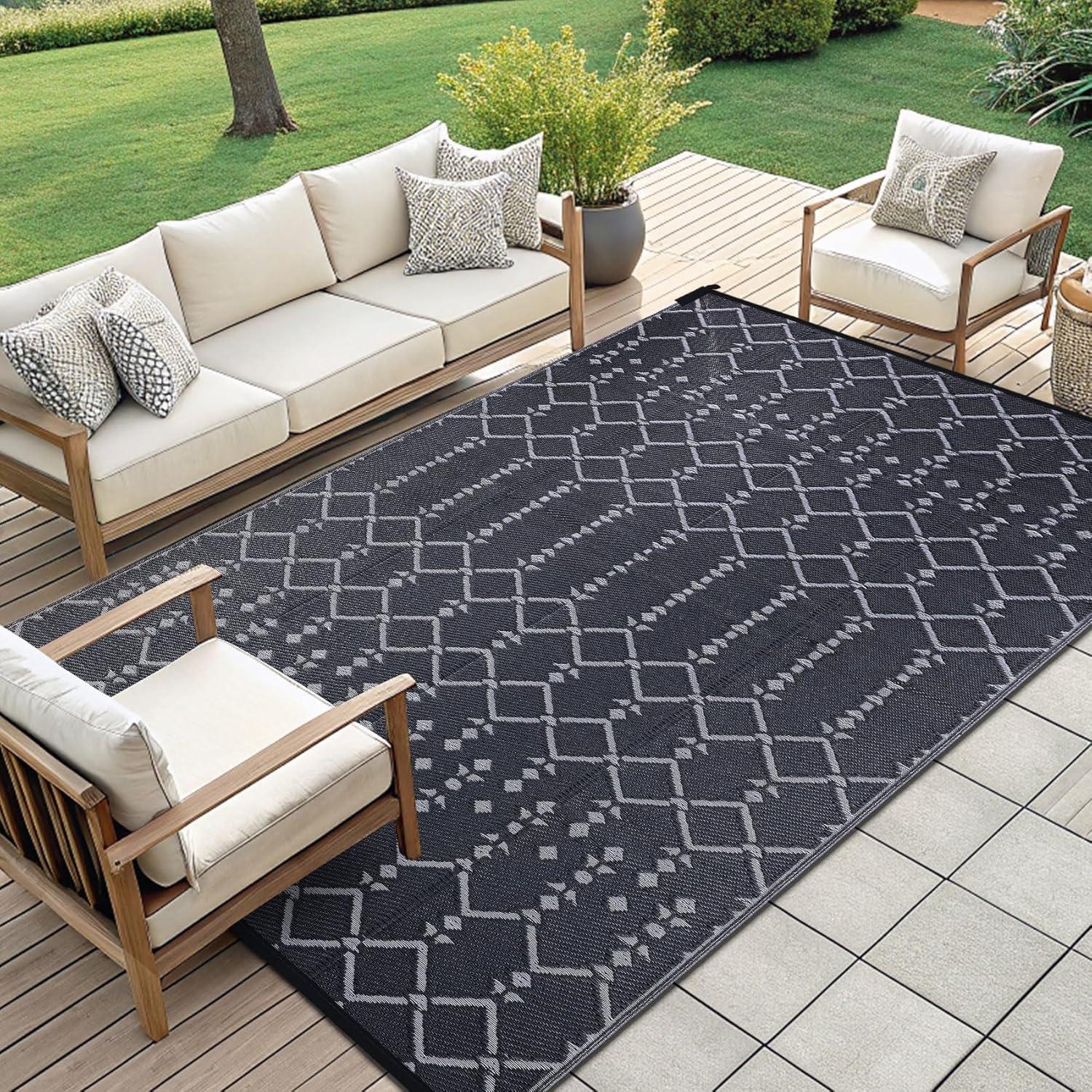 imageSmiry Waterproof Outdoor Rug 5x8 ft Reversible Plastic Straw Patio Camping Rugs Outdoor Indoor RV Mat Carpet for Patio Outside Entry Backyard Deck Bench Picnic Camper White ampamp GreyDark Grey