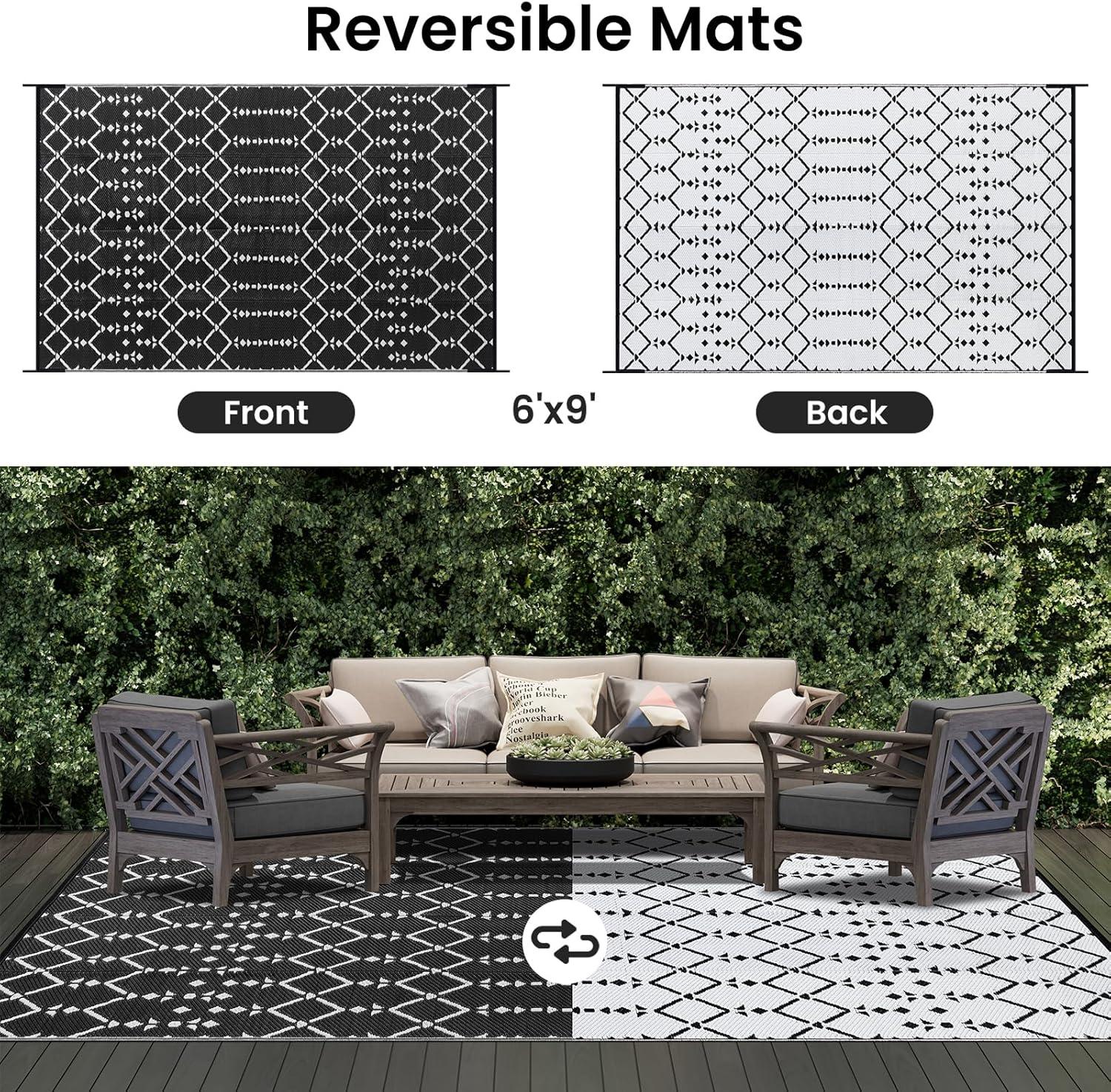imageSmiry Waterproof Outdoor Rug 5x8 ft Reversible Plastic Straw Patio Camping Rugs Outdoor Indoor RV Mat Carpet for Patio Outside Entry Backyard Deck Bench Picnic Camper White ampamp GreyBlack