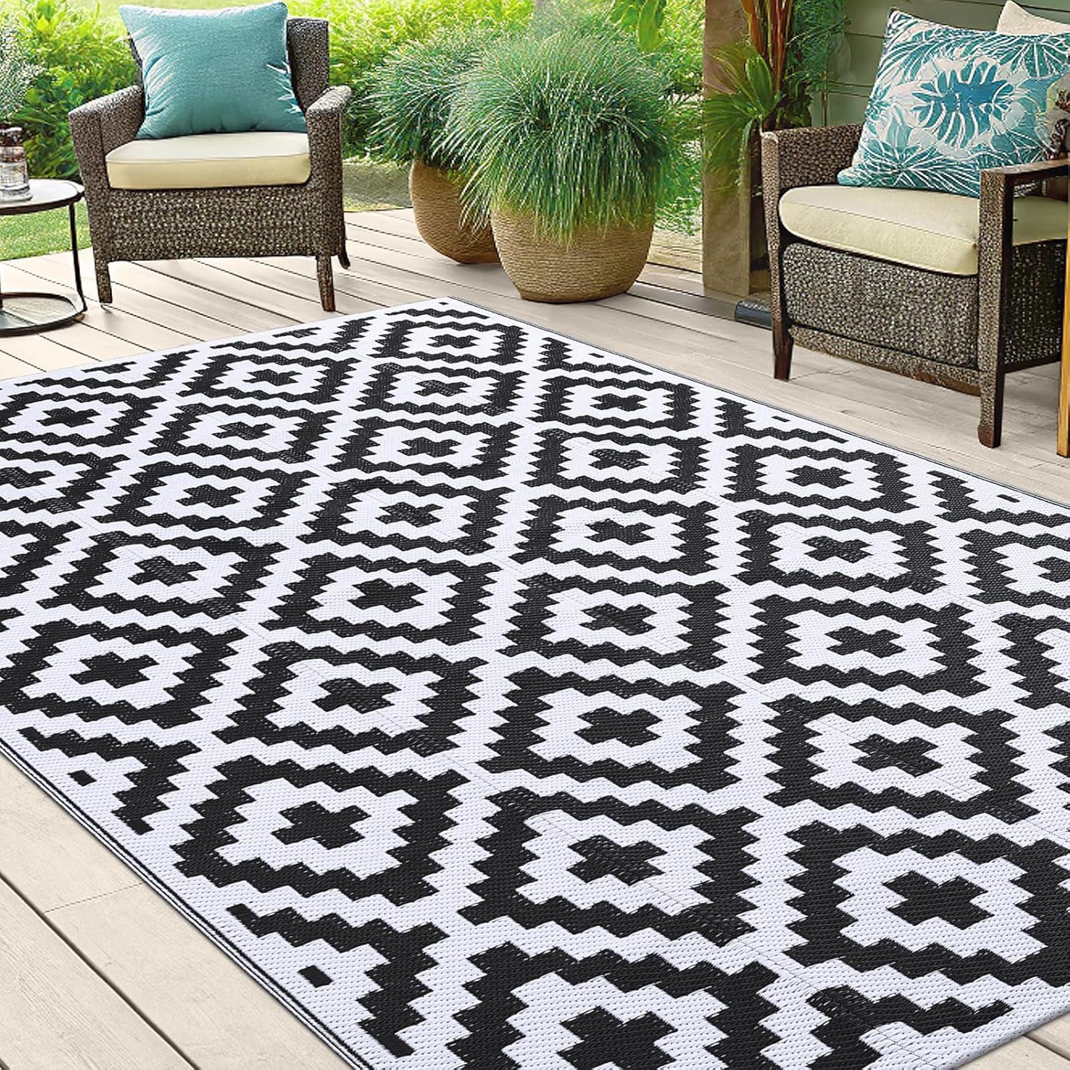 imageSmiry Waterproof Outdoor Rug 5x8 ft Reversible Plastic Straw Patio Camping Rugs Outdoor Indoor RV Mat Carpet for Patio Outside Entry Backyard Deck Bench Picnic Camper White ampamp GreyBlack and White