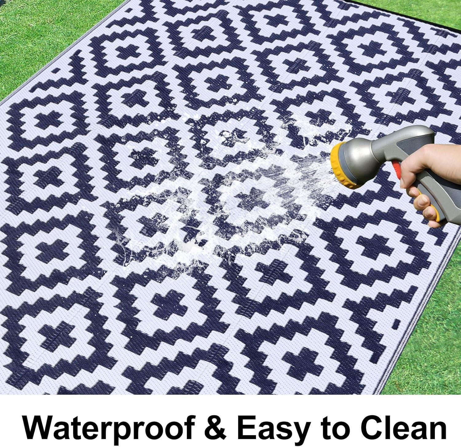 imageSmiry Waterproof Outdoor Rug 5x8 ft Reversible Plastic Straw Patio Camping Rugs Outdoor Indoor RV Mat Carpet for Patio Outside Entry Backyard Deck Bench Picnic Camper White ampamp GreyWhite and Navy