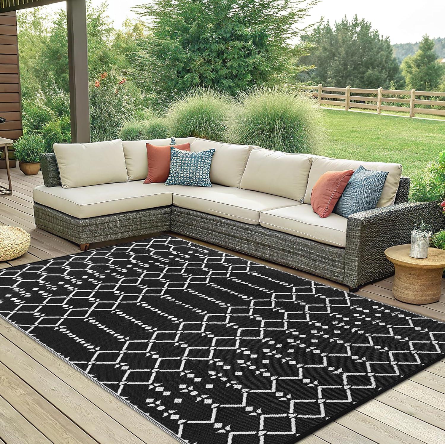 imageSmiry Waterproof Outdoor Rug 5x8 ft Reversible Plastic Straw Patio Camping Rugs Outdoor Indoor RV Mat Carpet for Patio Outside Entry Backyard Deck Bench Picnic Camper White ampamp GreyBlack
