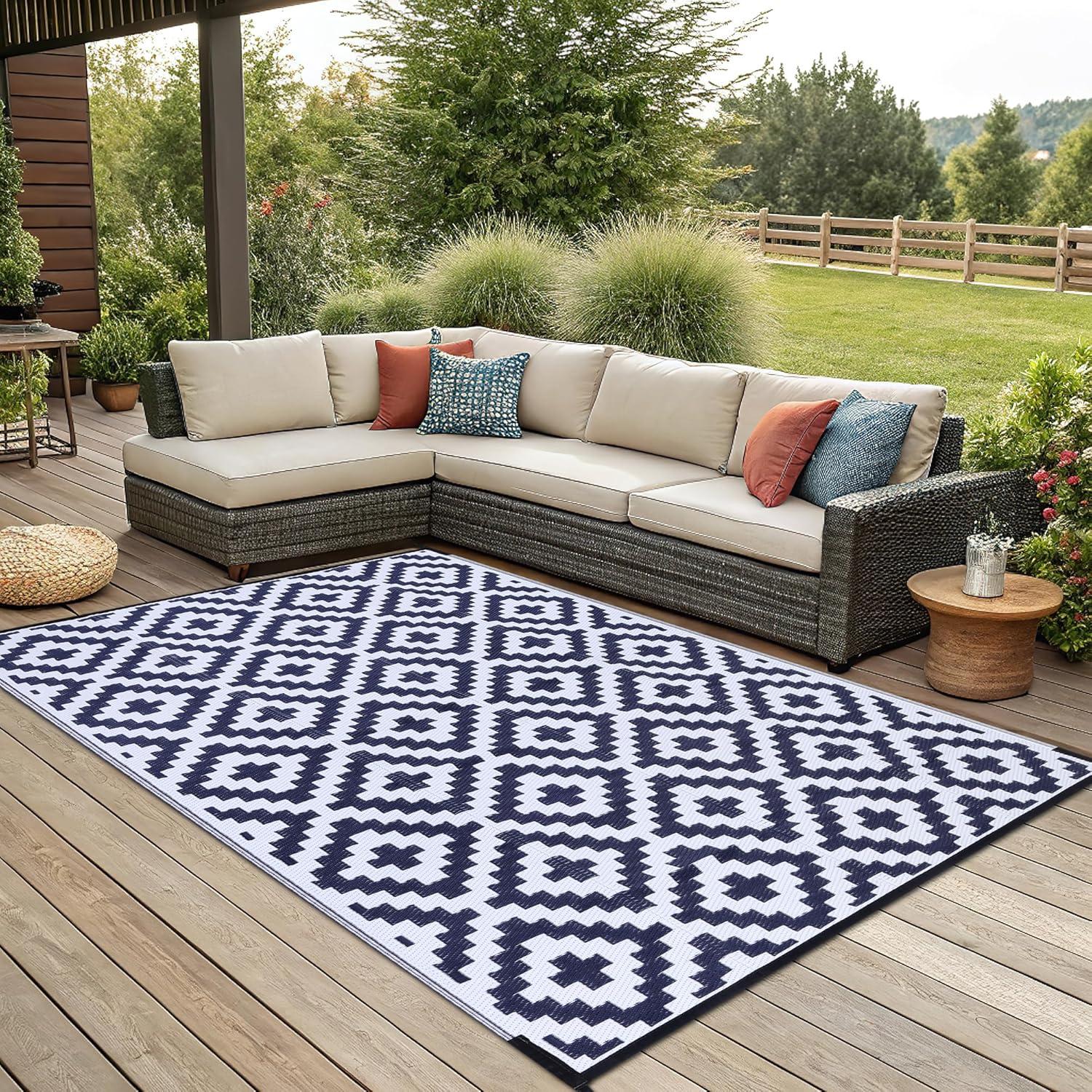 imageSmiry Waterproof Outdoor Rug 5x8 ft Reversible Plastic Straw Patio Camping Rugs Outdoor Indoor RV Mat Carpet for Patio Outside Entry Backyard Deck Bench Picnic Camper White ampamp GreyWhite and Navy