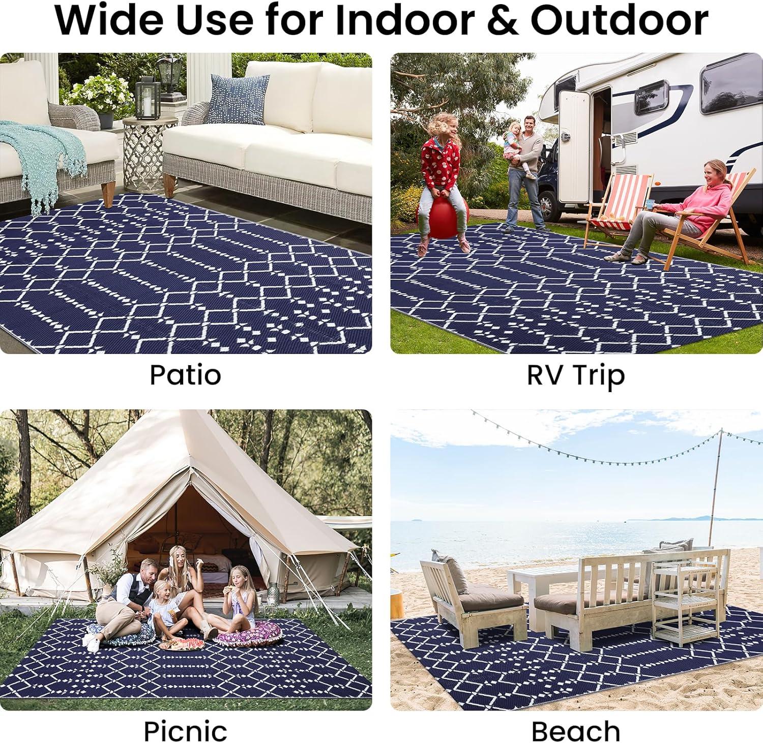 imageSmiry Waterproof Outdoor Rug 5x8 ft Reversible Plastic Straw Patio Camping Rugs Outdoor Indoor RV Mat Carpet for Patio Outside Entry Backyard Deck Bench Picnic Camper White ampamp GreyNavy
