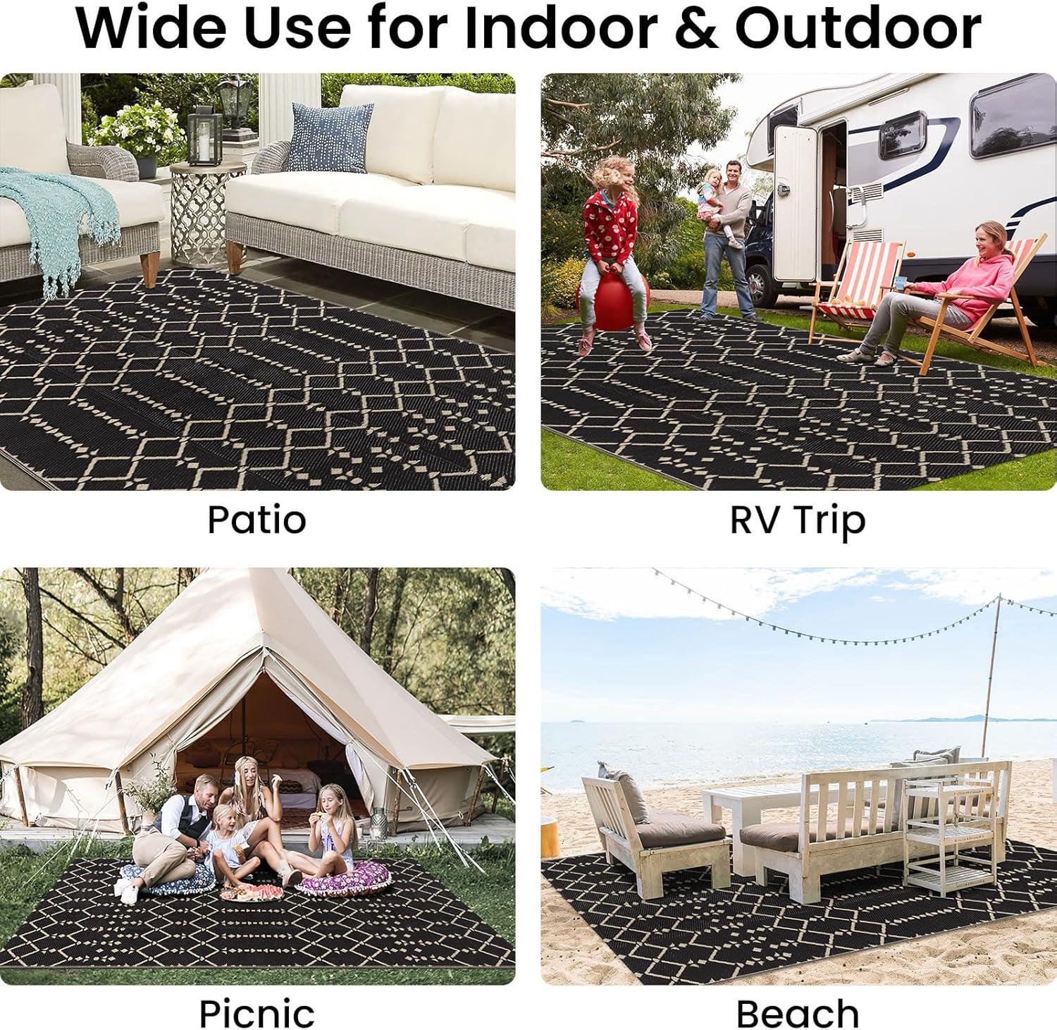 imageSmiry Waterproof Outdoor Rug 5x8 ft Reversible Plastic Straw Patio Camping Rugs Outdoor Indoor RV Mat Carpet for Patio Outside Entry Backyard Deck Bench Picnic Camper White ampamp GreyBeige
