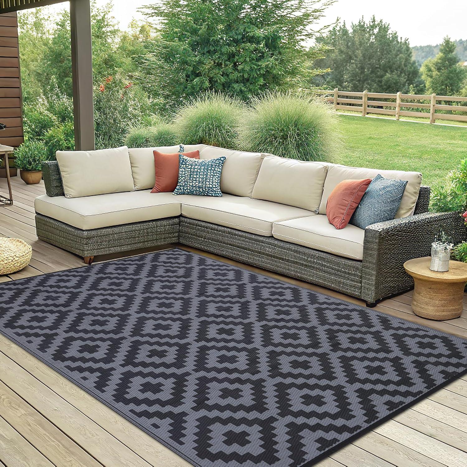 imageSmiry Waterproof Outdoor Rug 5x8 ft Reversible Plastic Straw Patio Camping Rugs Outdoor Indoor RV Mat Carpet for Patio Outside Entry Backyard Deck Bench Picnic Camper White ampamp GreyBlack and Grey