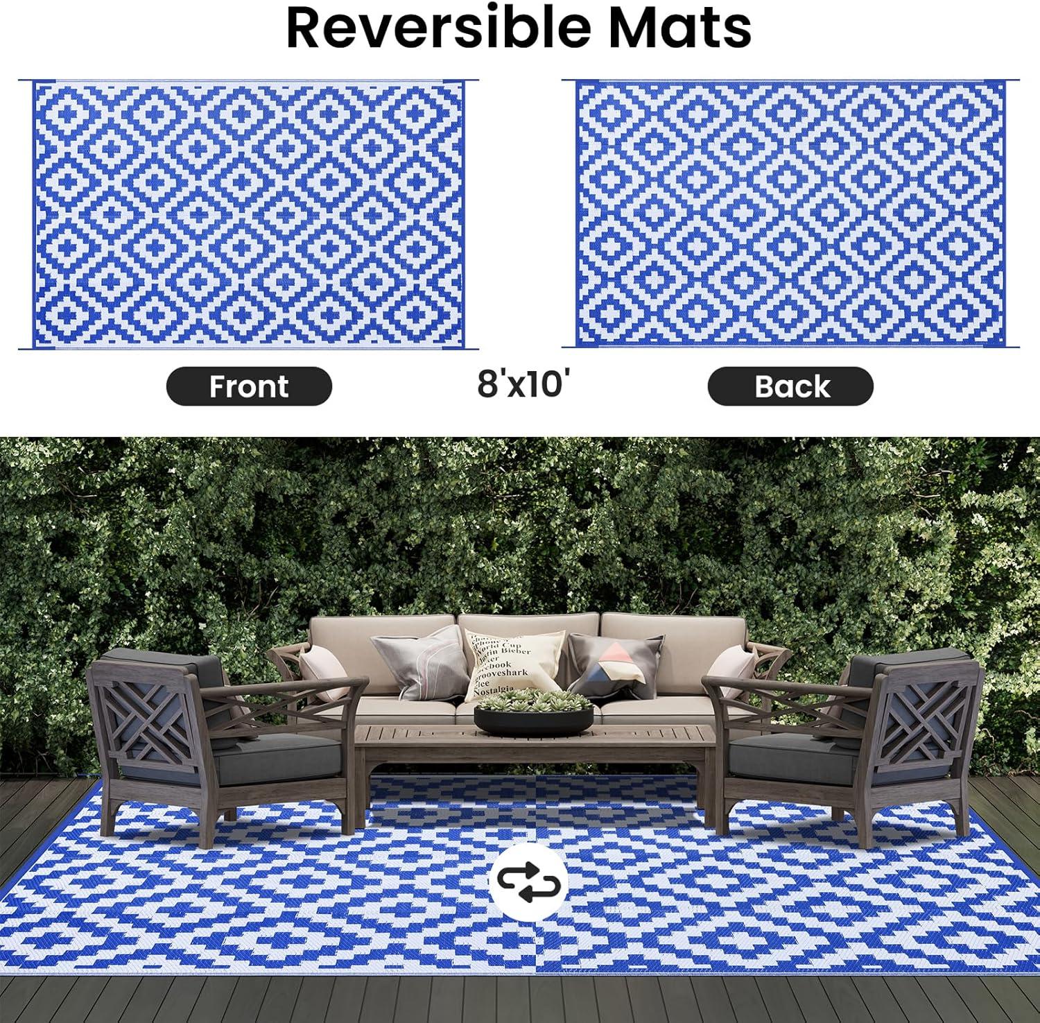imageSmiry Waterproof Outdoor Rug 5x8 ft Reversible Plastic Straw Patio Camping Rugs Outdoor Indoor RV Mat Carpet for Patio Outside Entry Backyard Deck Bench Picnic Camper White ampamp GreyWhite and Blue
