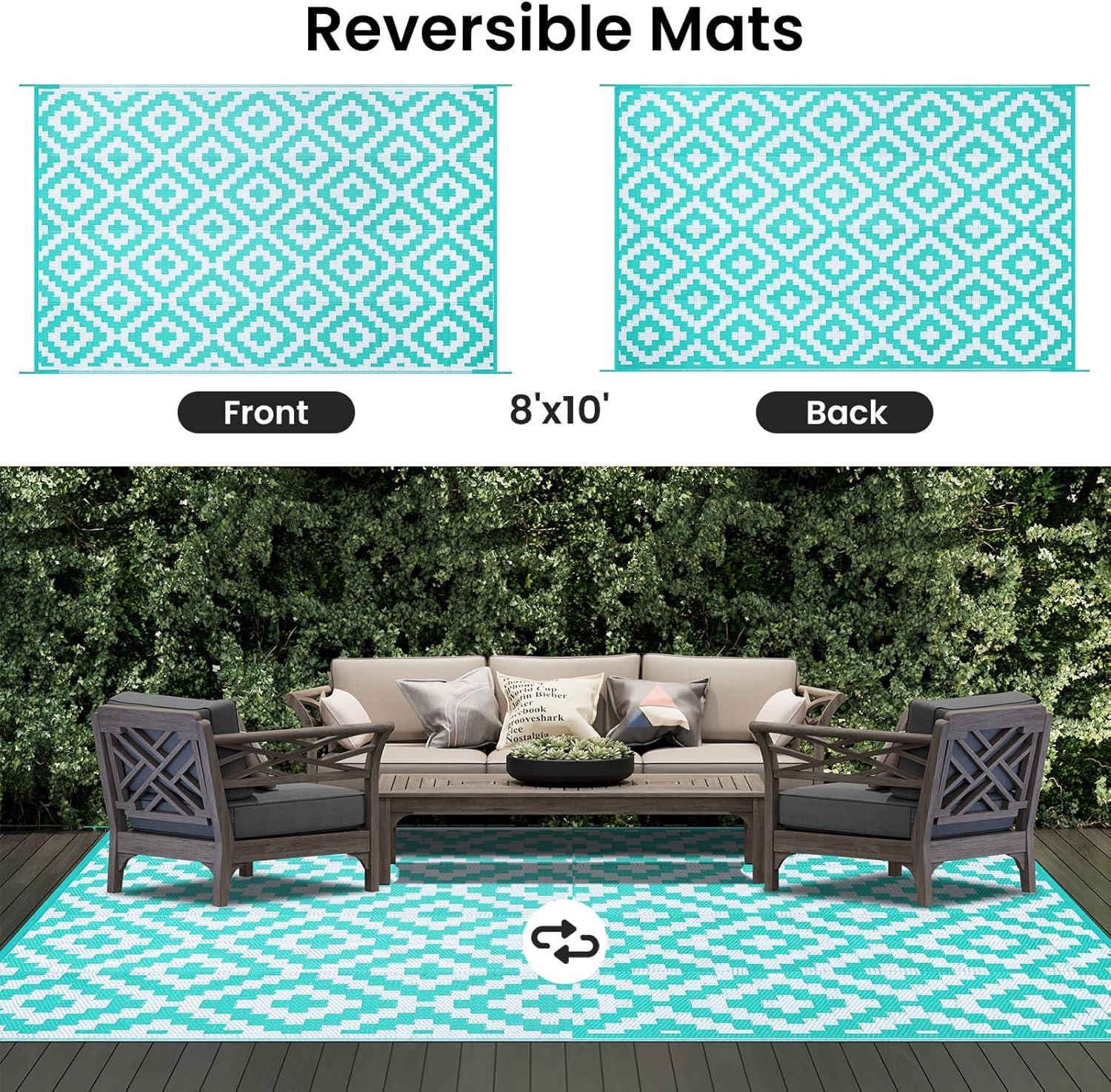 imageSmiry Waterproof Outdoor Rug 5x8 ft Reversible Plastic Straw Patio Camping Rugs Outdoor Indoor RV Mat Carpet for Patio Outside Entry Backyard Deck Bench Picnic Camper White ampamp GreyWhite and Teal