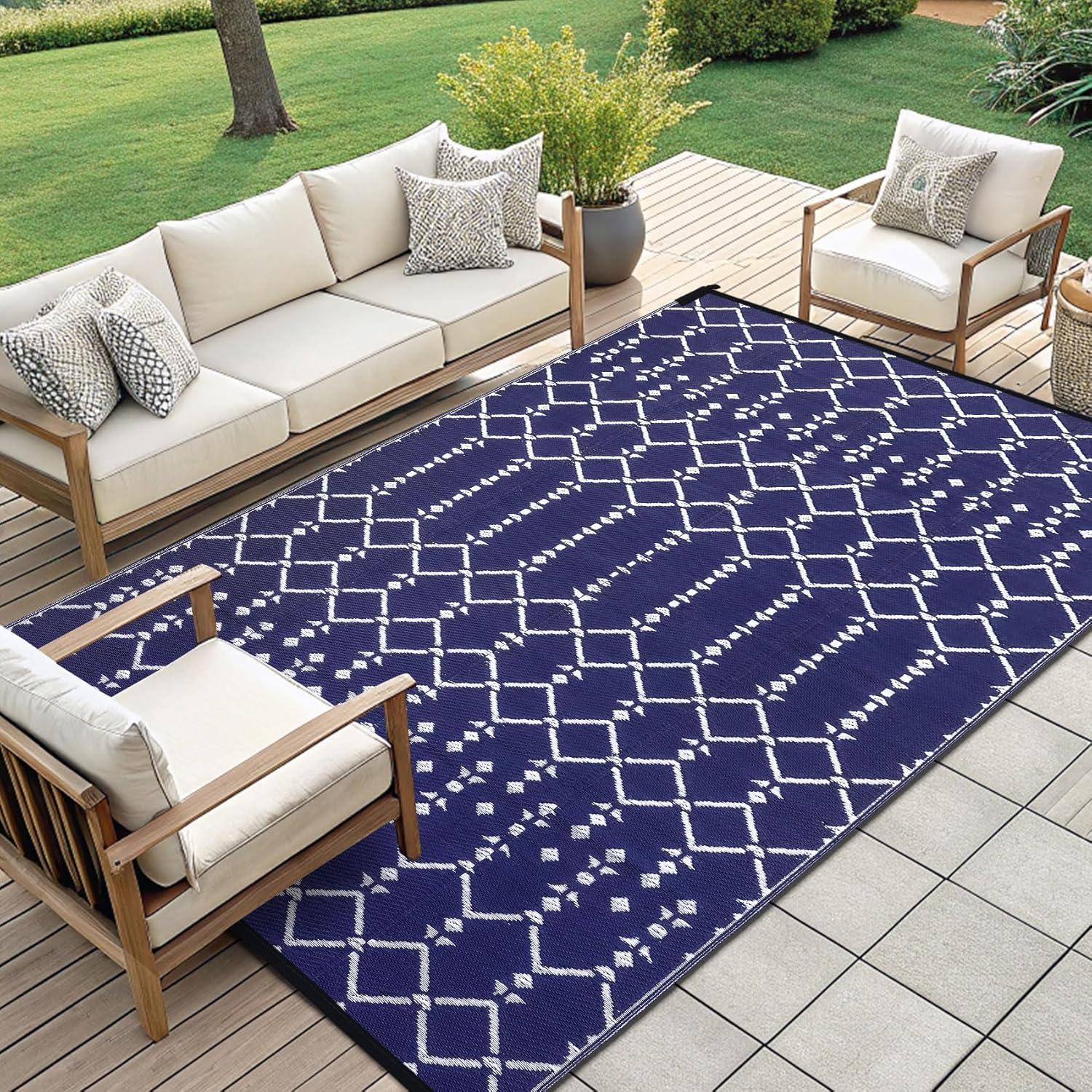 imageSmiry Waterproof Outdoor Rug 5x8 ft Reversible Plastic Straw Patio Camping Rugs Outdoor Indoor RV Mat Carpet for Patio Outside Entry Backyard Deck Bench Picnic Camper White ampamp GreyNavy