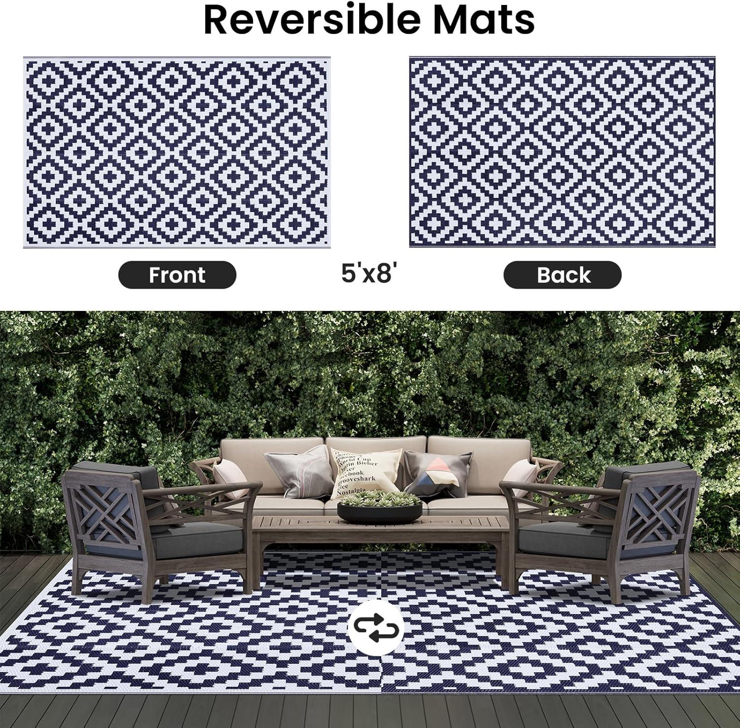 imageSmiry Waterproof Outdoor Rug 5x8 ft Reversible Plastic Straw Patio Camping Rugs Outdoor Indoor RV Mat Carpet for Patio Outside Entry Backyard Deck Bench Picnic Camper White ampamp GreyWhite and Navy