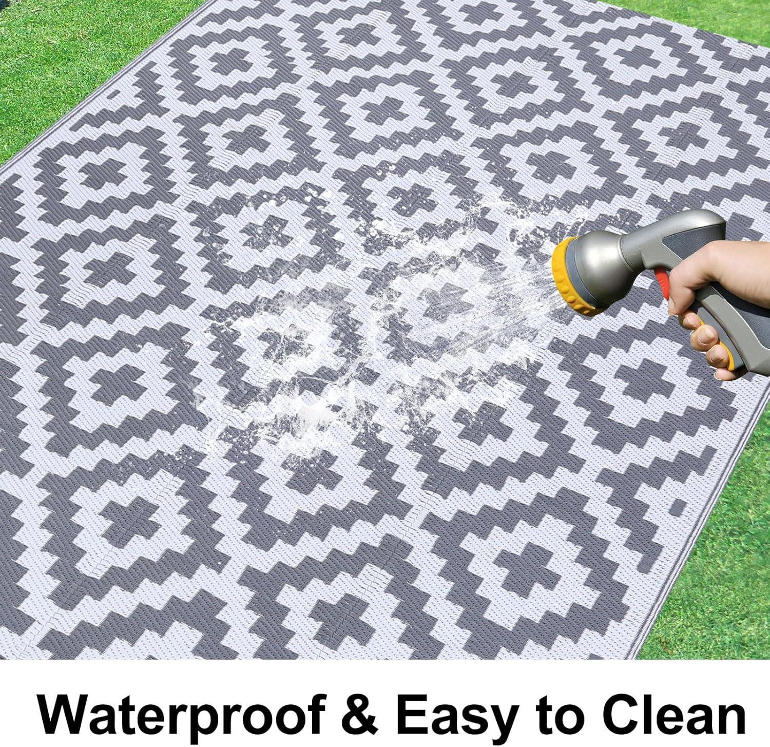 imageSmiry Waterproof Outdoor Rug 5x8 ft Reversible Plastic Straw Patio Camping Rugs Outdoor Indoor RV Mat Carpet for Patio Outside Entry Backyard Deck Bench Picnic Camper White ampamp GreyWhite and Grey