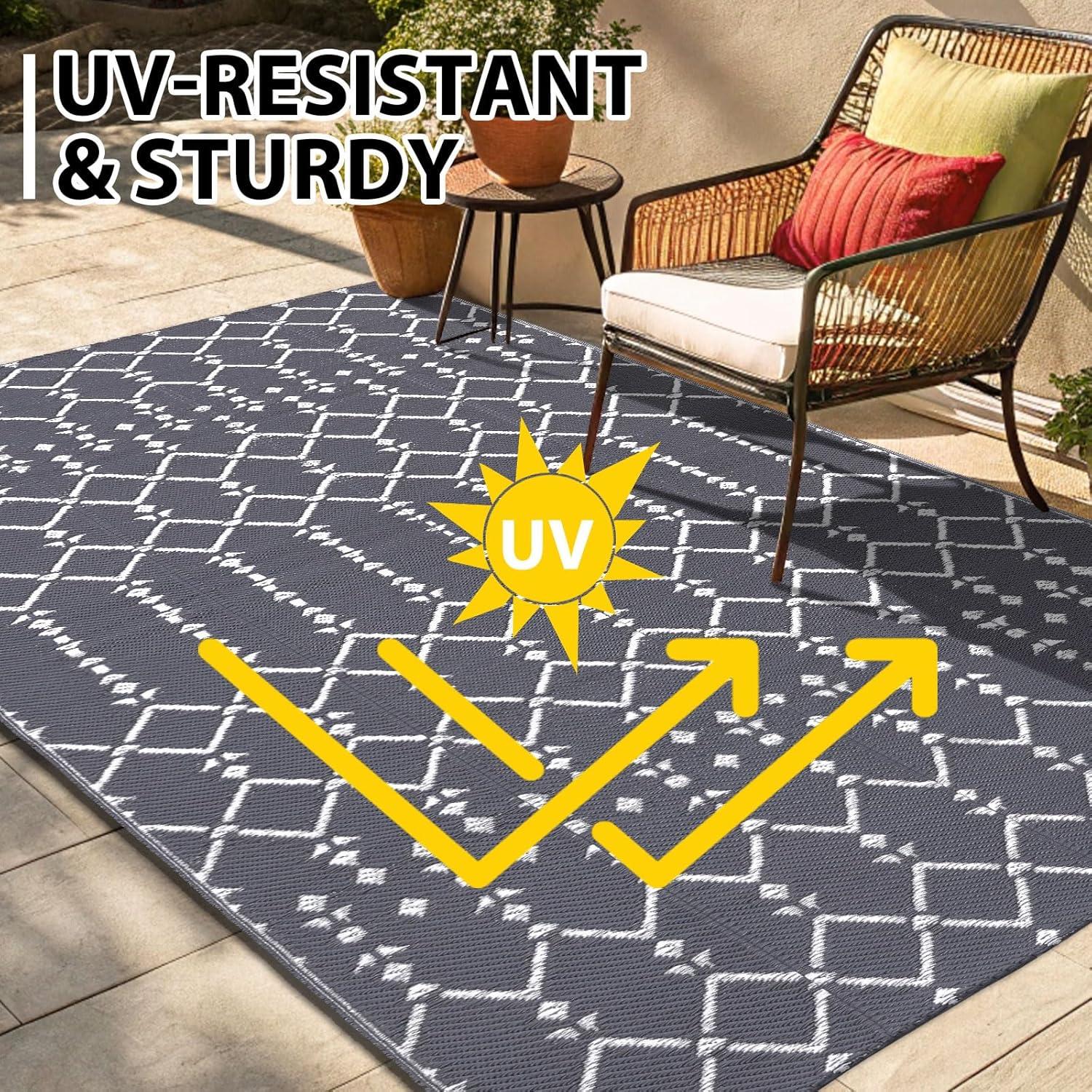 imageSmiry Waterproof Outdoor Rug 5x8ft Reversible Plastic Straw Patio Camping Rugs Outdoor Indoor RV Mat Carpet for Patio Outside Entry Backyard Deck Bench Picnic Camper Black ampamp GreyGrey