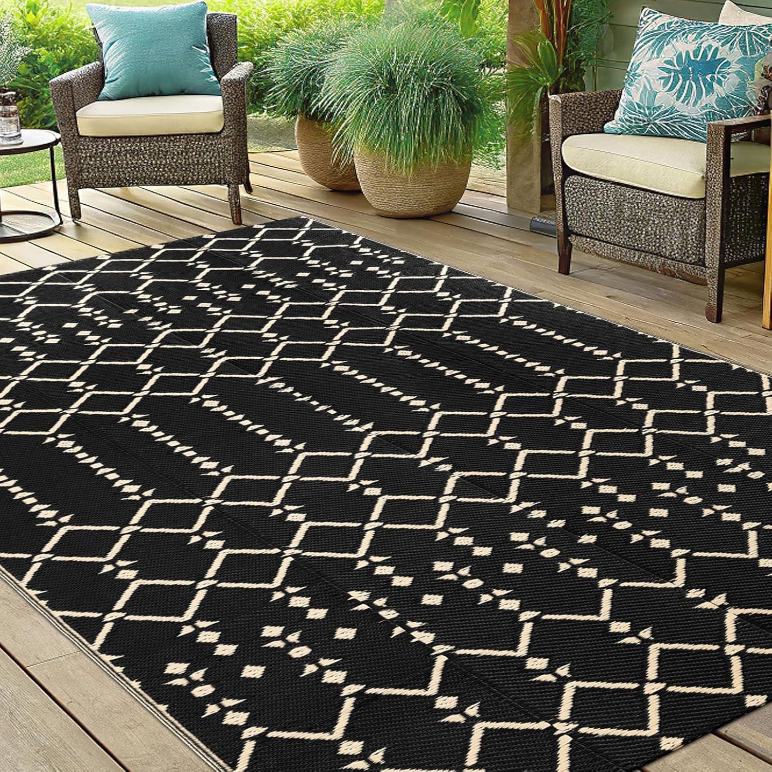 imageSmiry Waterproof Outdoor Rug 5x8ft Reversible Plastic Straw Patio Camping Rugs Outdoor Indoor RV Mat Carpet for Patio Outside Entry Backyard Deck Bench Picnic Camper Black ampamp GreyBeige
