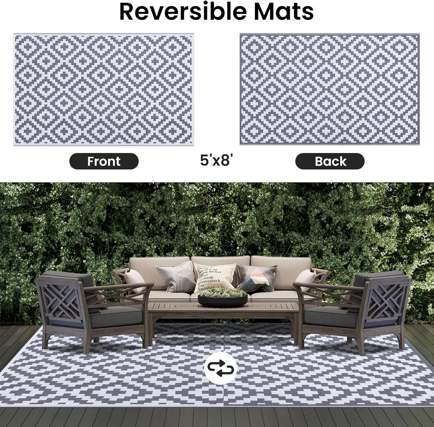 imageSmiry Waterproof Outdoor Rug 5x8ft Reversible Plastic Straw Patio Camping Rugs Outdoor Indoor RV Mat Carpet for Patio Outside Entry Backyard Deck Bench Picnic Camper Black ampamp GreyWhite and Grey