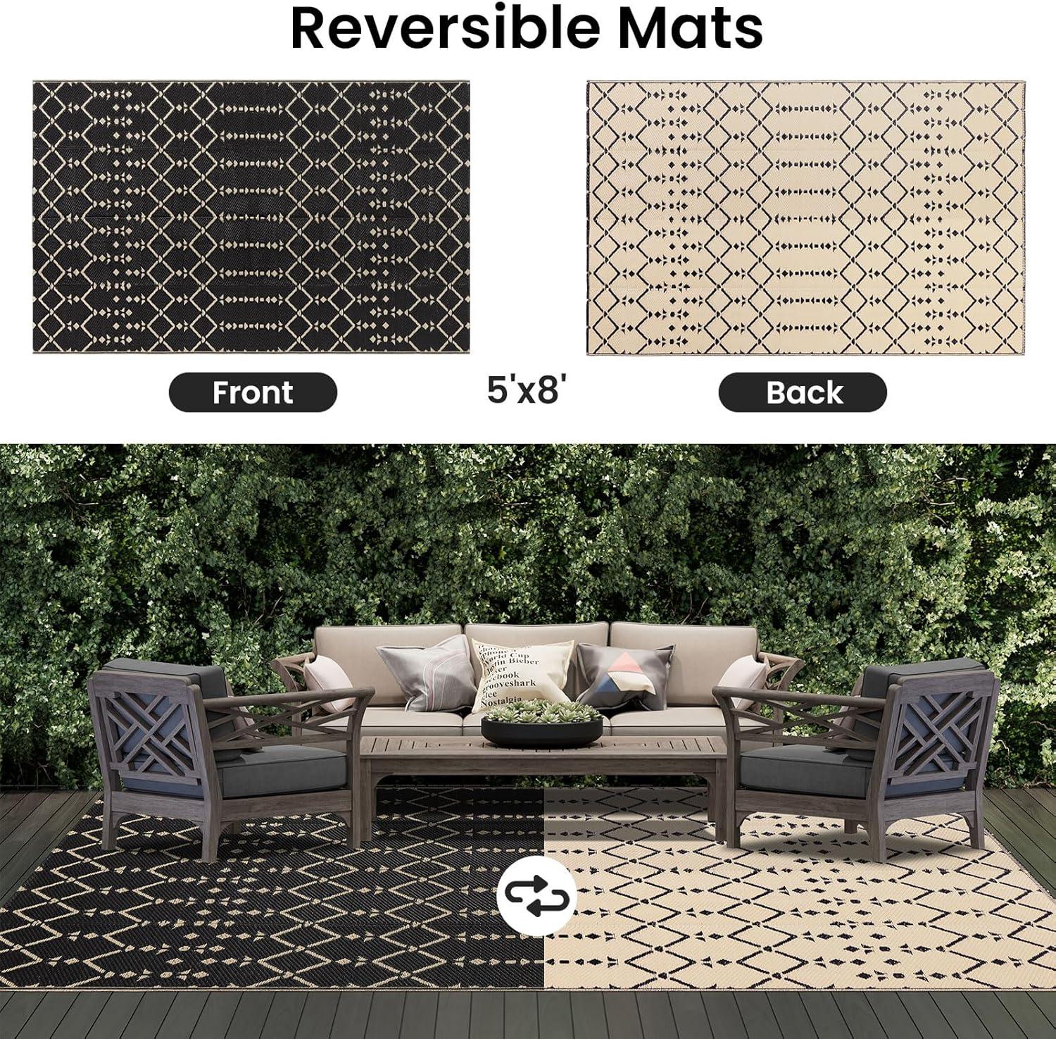 imageSmiry Waterproof Outdoor Rug 5x8ft Reversible Plastic Straw Patio Camping Rugs Outdoor Indoor RV Mat Carpet for Patio Outside Entry Backyard Deck Bench Picnic Camper Black ampamp GreyBeige
