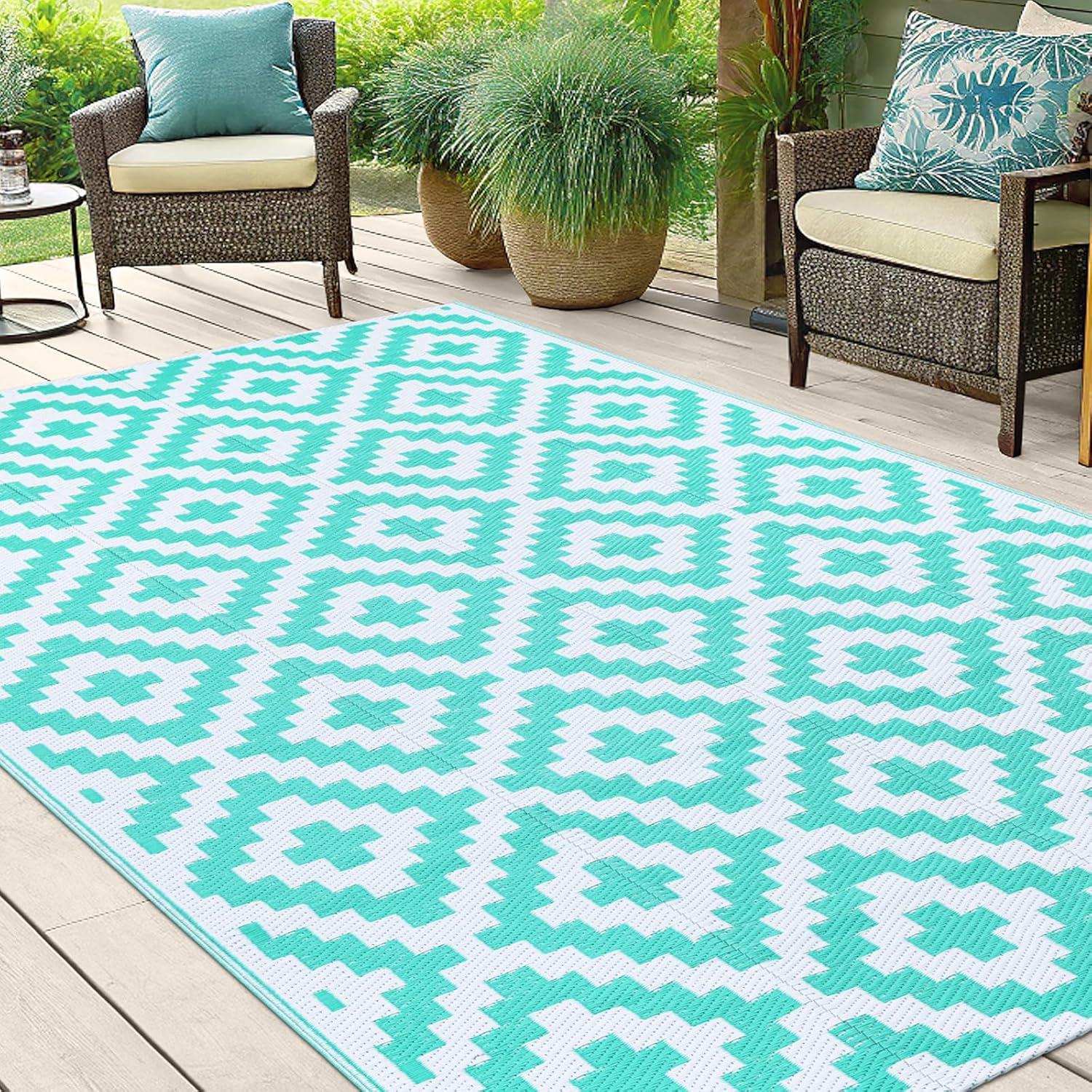 imageSmiry Waterproof Outdoor Rug 5x8ft Reversible Plastic Straw Patio Camping Rugs Outdoor Indoor RV Mat Carpet for Patio Outside Entry Backyard Deck Bench Picnic Camper Black ampamp GreyWhite and Teal