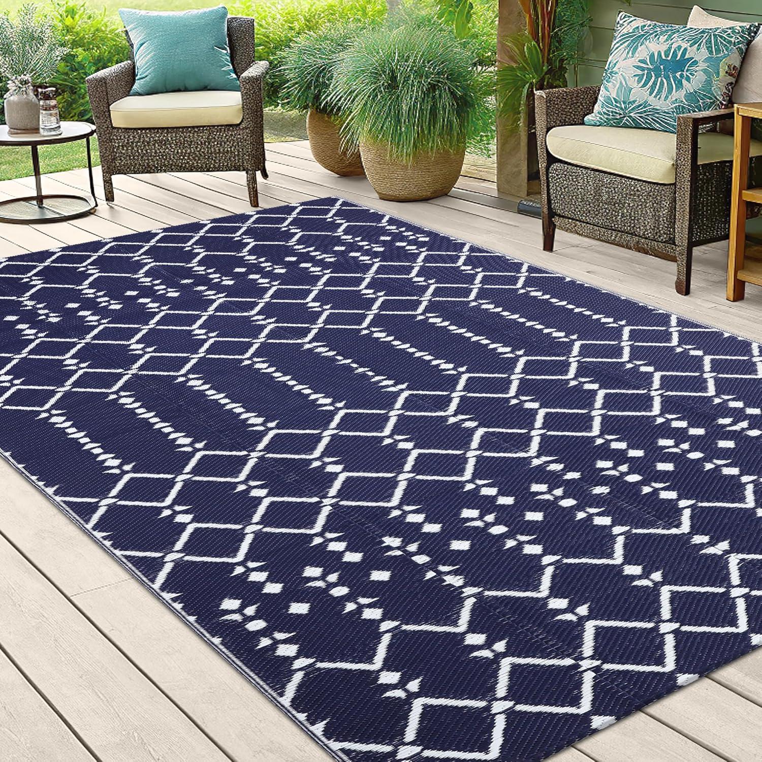imageSmiry Waterproof Outdoor Rug 5x8ft Reversible Plastic Straw Patio Camping Rugs Outdoor Indoor RV Mat Carpet for Patio Outside Entry Backyard Deck Bench Picnic Camper Black ampamp GreyNavy
