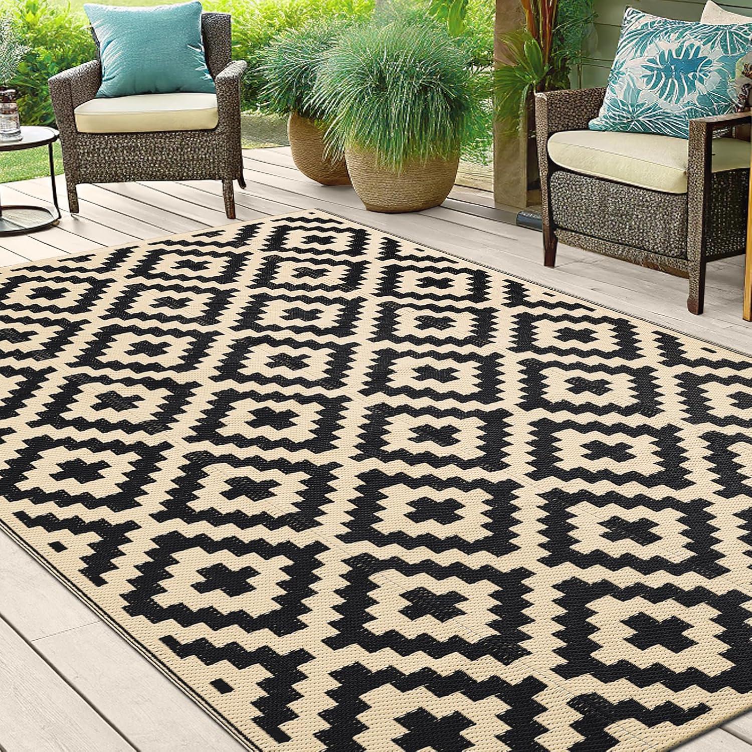 imageSmiry Waterproof Outdoor Rug 5x8ft Reversible Plastic Straw Patio Camping Rugs Outdoor Indoor RV Mat Carpet for Patio Outside Entry Backyard Deck Bench Picnic Camper Black ampamp GreyBlack and Beige