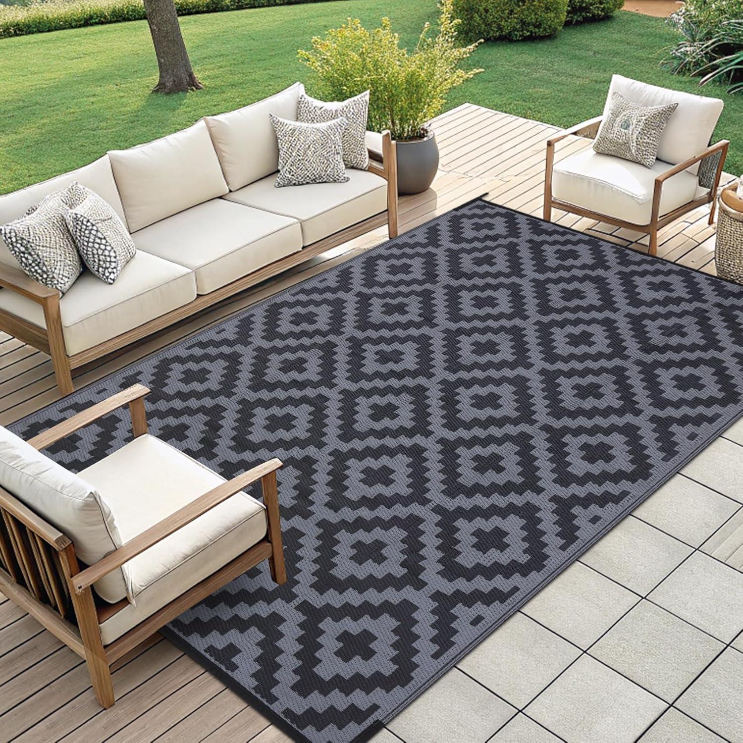 imageSmiry Waterproof Outdoor Rug 5x8ft Reversible Plastic Straw Patio Camping Rugs Outdoor Indoor RV Mat Carpet for Patio Outside Entry Backyard Deck Bench Picnic Camper Black ampamp GreyBlack and Grey