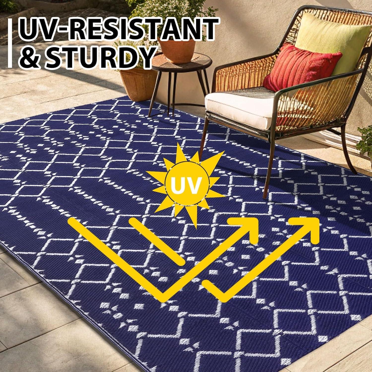imageSmiry Waterproof Outdoor Rug 5x8ft Reversible Plastic Straw Patio Camping Rugs Outdoor Indoor RV Mat Carpet for Patio Outside Entry Backyard Deck Bench Picnic Camper Black ampamp GreyNavy